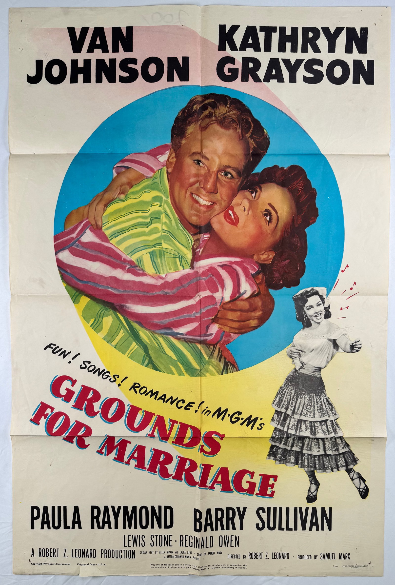 Grounds for Marriage (1951) 27x41" Original One Sheet Movie Poster Robert Z Leonard: Grounds for Marriage is a 1951 romantic musical comedy directed by Robert Z. Leonard and starring Van Johnson and Kathryn Grayson. The poster showcases a colorful embrace with supporting cast imagery.