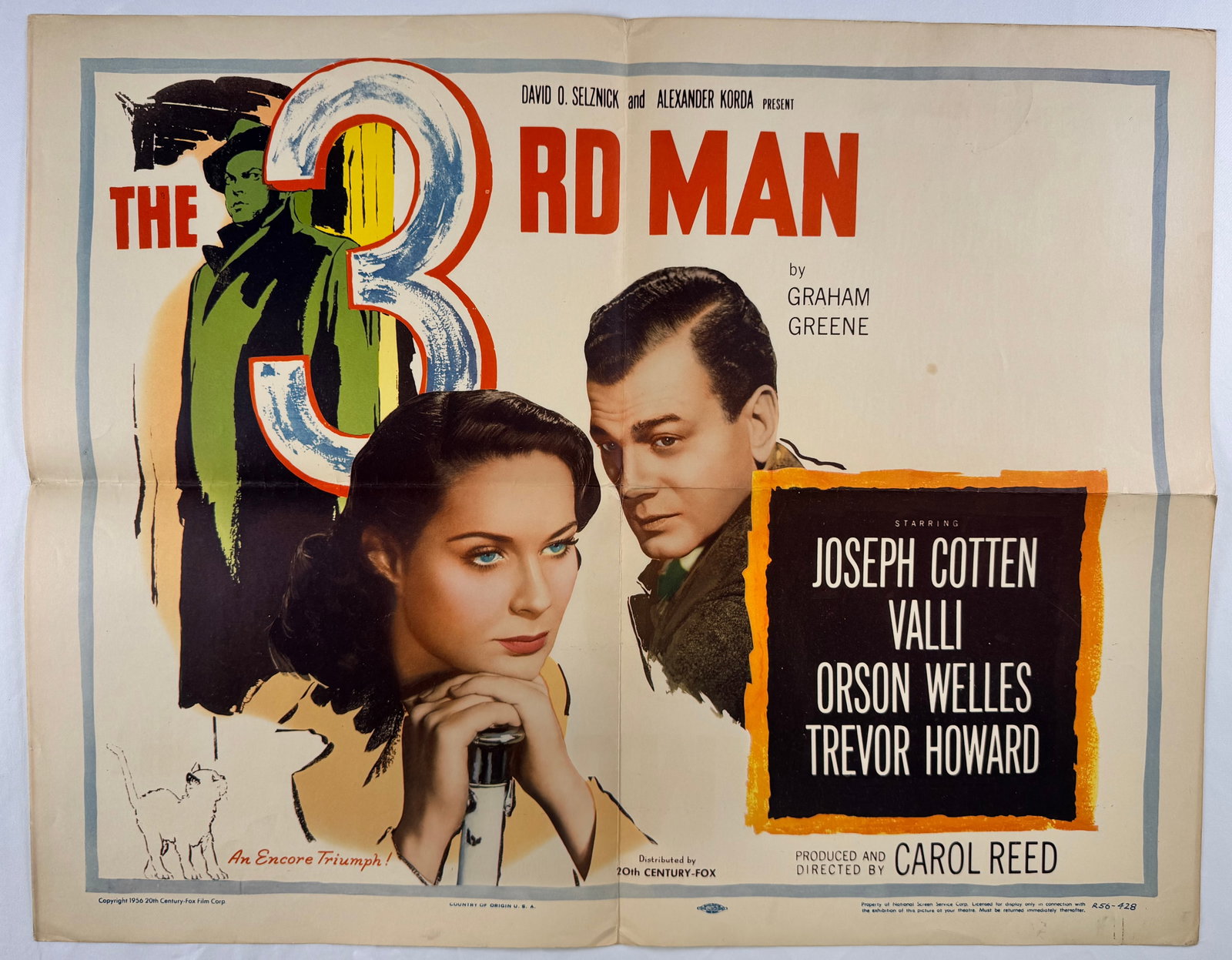 The Third Man (1949) Original Half Sheet Movie Poster 28x22 Carol Reed Joseph Cotten: The Third Man is a 1949 film noir directed by Carol Reed and starring Joseph Cotten, Alida Valli, Orson Welles, and Trevor Howard. This half sheet poster measures approximately 28 x 22 inches and feat