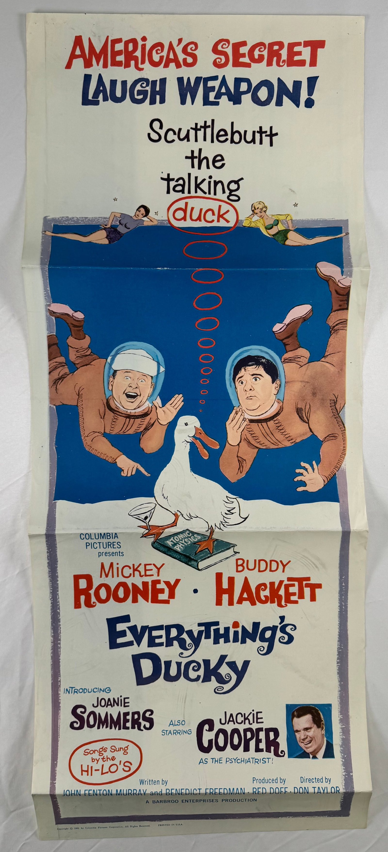 Everything’s Ducky (1961) Original Insert Movie Poster 14x36 Don Taylor Mickey Rooney: Everything’s Ducky is a 1961 comedy directed by Don Taylor and starring Mickey Rooney, Buddy Hackett, and Jackie Cooper. This insert poster measures approximately 14 x 36 inches and shows illustrate