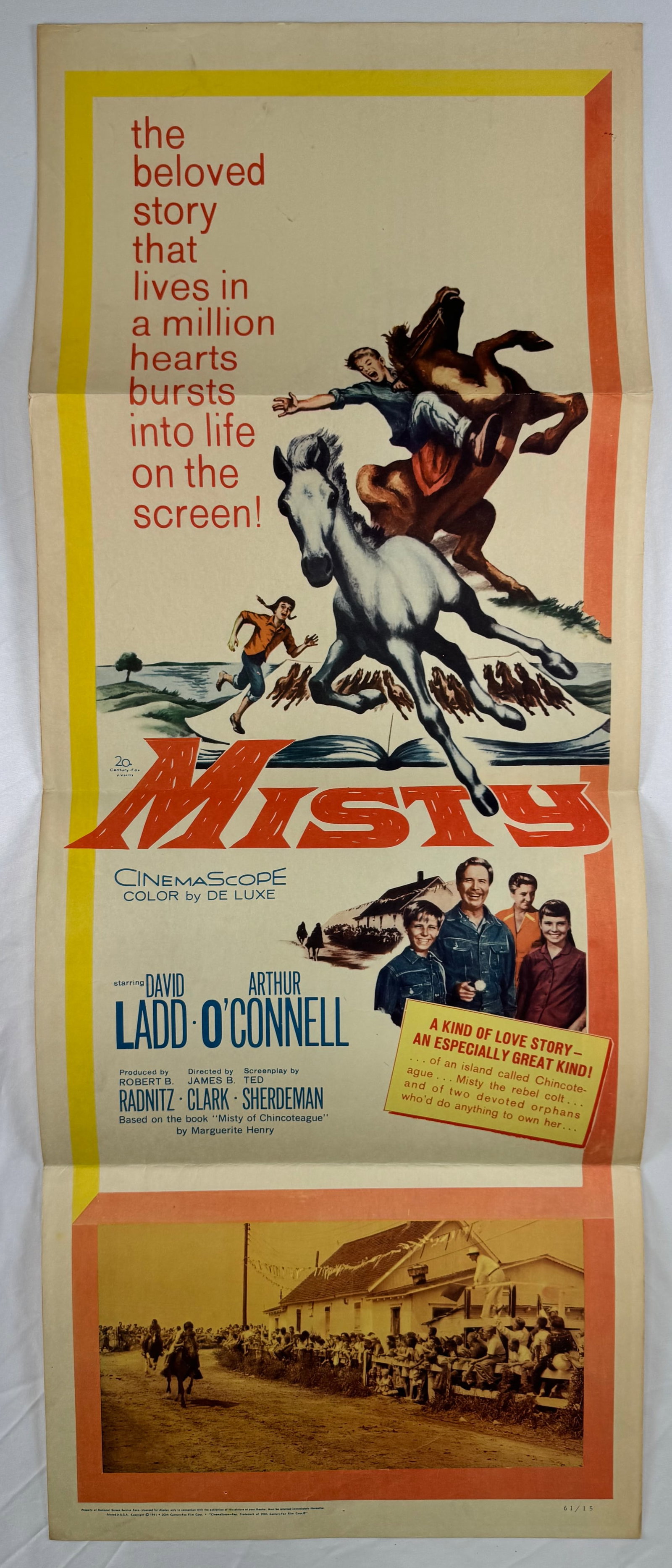 Misty (1961) Original Insert Movie Poster 14x36 James B Clark David Ladd: Misty is a 1961 family drama directed by James B Clark and starring David Ladd, Arthur OConnell, and Anne Seymour. This insert poster measures approximately 14 x 36 inches and features a horse in moti