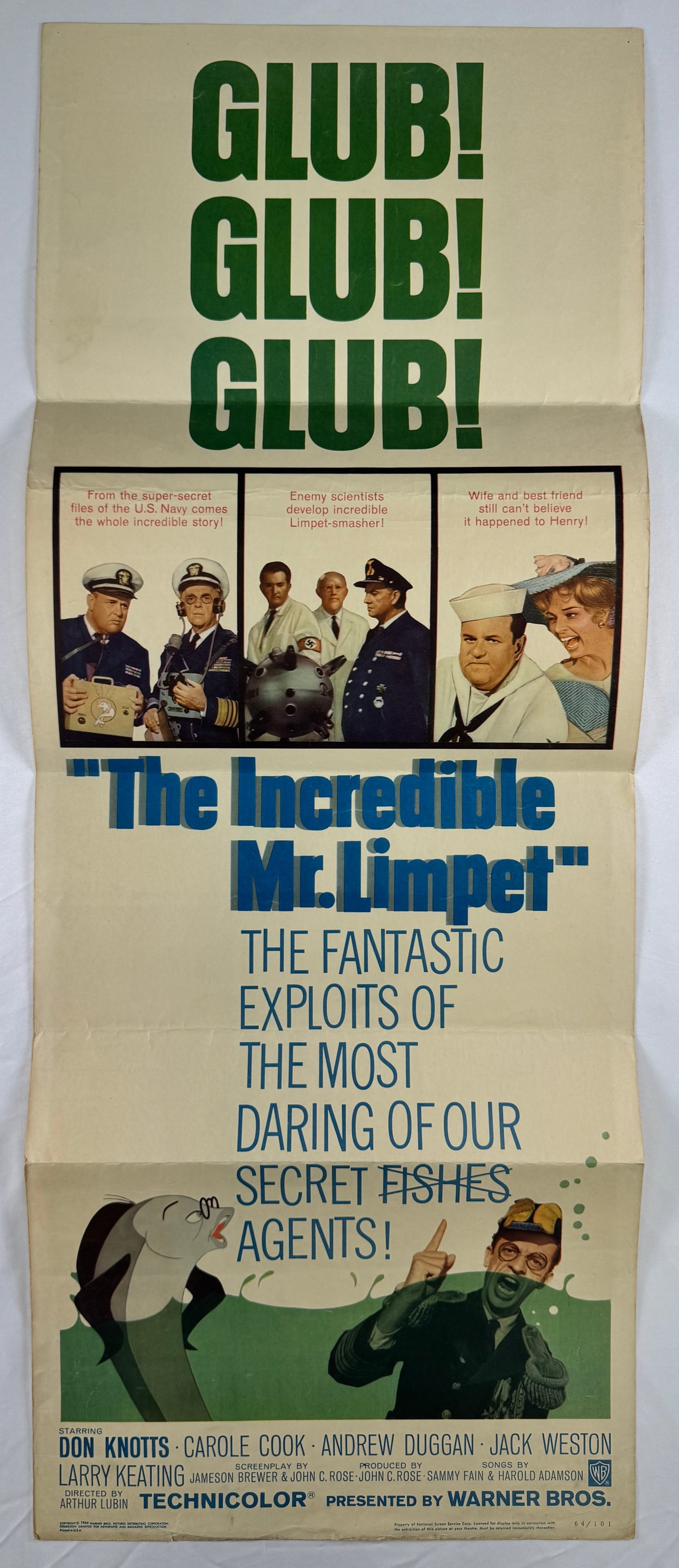 The Incredible Mr Limpet (1964) Original Insert Movie Poster 14x36 Arthur Lubin Don Knotts: The Incredible Mr Limpet is a 1964 comedy directed by Arthur Lubin and starring Don Knotts, Carole Cook, and Andrew Duggan. This insert poster measures approximately 14 x 36 inches and includes illust