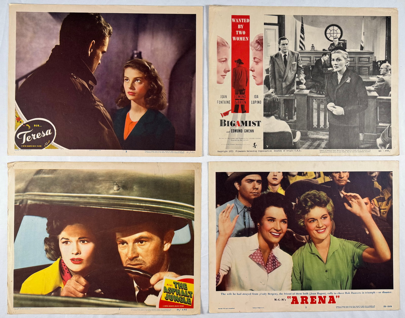 Lot of 12 Original Lobby Cards 1940s–1960s Teresa Bigamist Asphalt Jungle Arena Vampire and the: Teresa (1951) Fred Zinnemann, Pier Angeli, John Ericson; The Bigamist (1953) Ida Lupino, Edmond OBrien, Joan Fontaine; The Asphalt Jungle (1950) John Huston, Sterling Hayden, Jean Hagen; Arena (1953) 