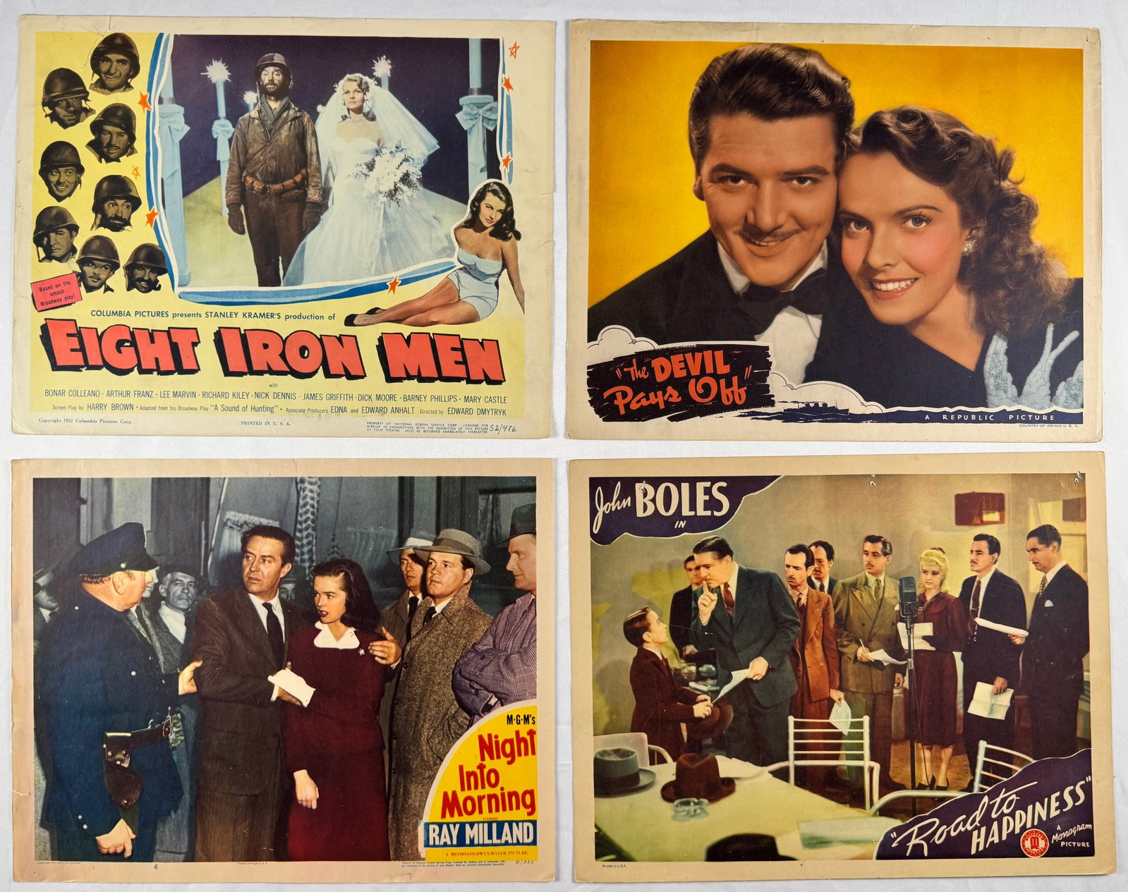 Lot of 10 Original Lobby Cards 1940s–1970s Eight Iron Men Devil Pays Off Road to Happiness (1 of 3)