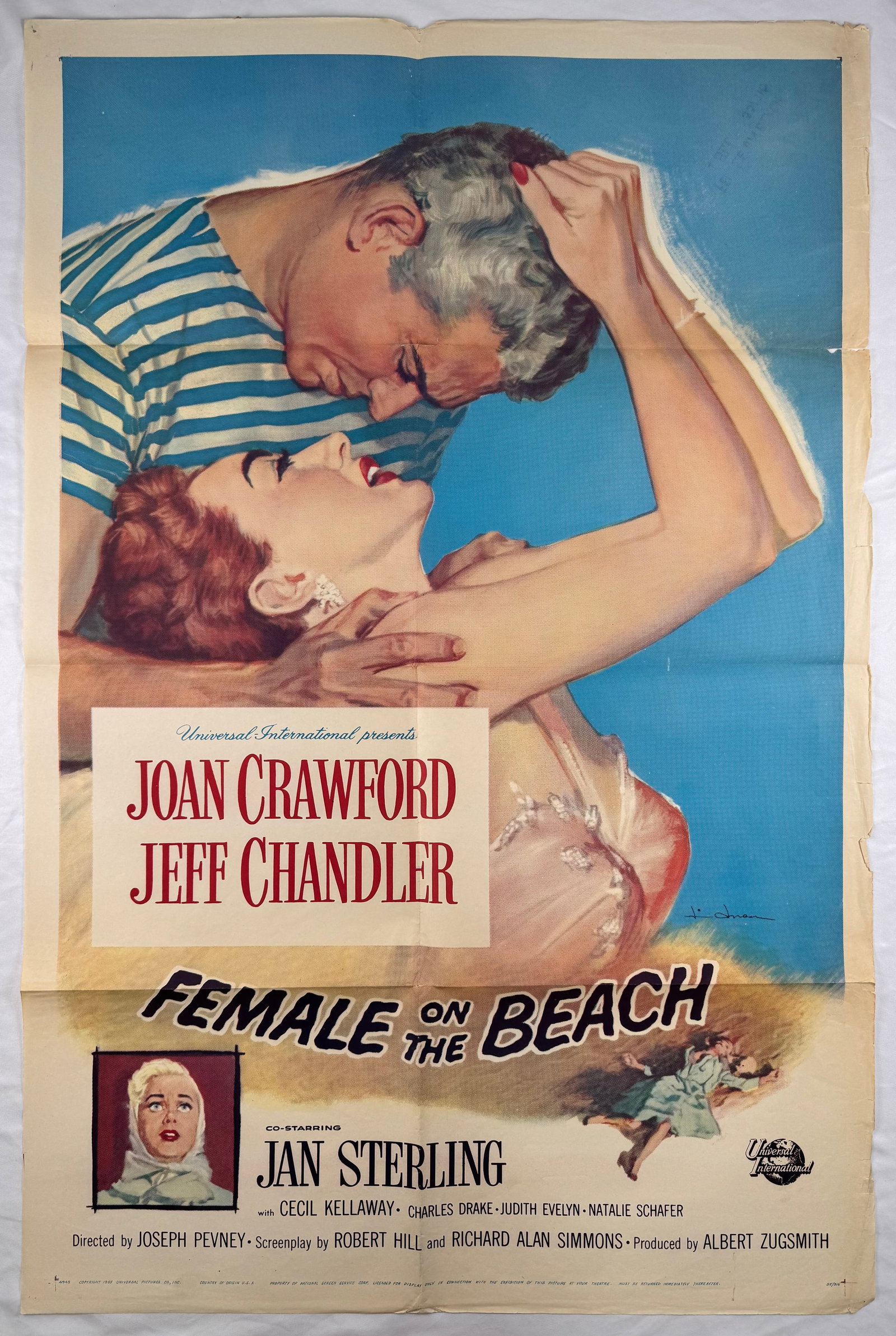 Female on the Beach (1955) Original One Sheet Movie Poster Joan Crawford Jeff Chandler: Female on the Beach is a 1955 drama directed by Joseph Pevney and starring Joan Crawford, Jeff Chandler, and Jan Sterling. Original folded one sheet movie poster issued by Universal-International with