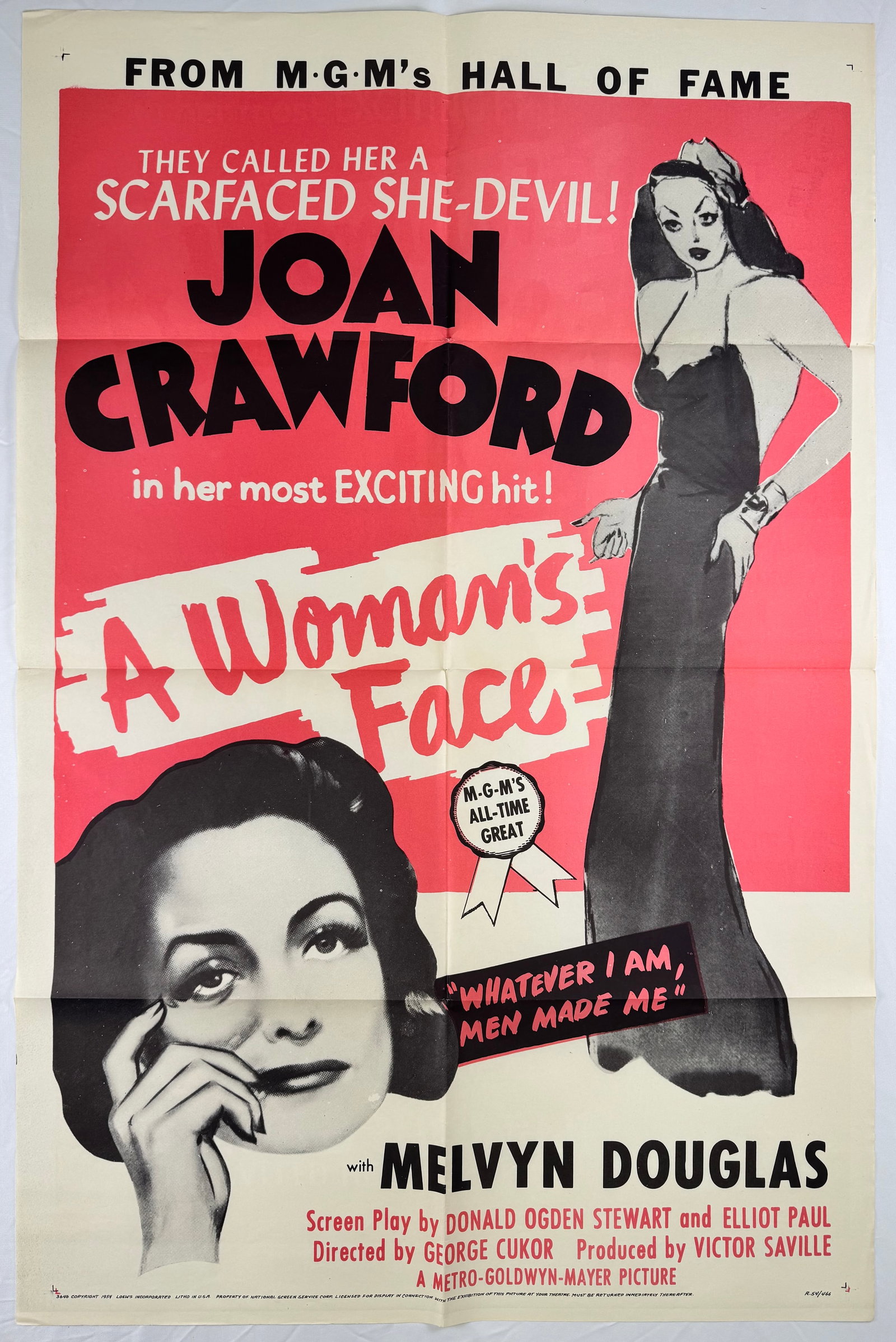 A Woman's Face (1941) Original 1954 RR One Sheet Joan Crawford George Cukor: A Woman's Face is a 1941 drama directed by George Cukor and starring Joan Crawford, Melvyn Douglas, and Conrad Veidt. Original folded re-release one sheet movie poster with bold graphic portrait desig