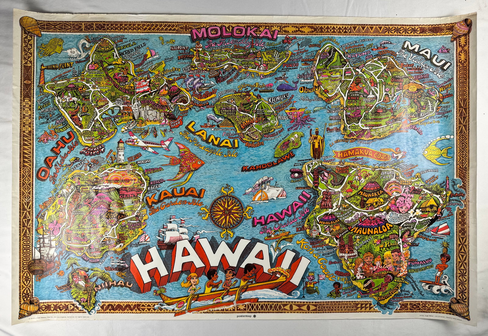 Illustrated Vintage 1972 Map of Hawaii Island Chain Original Poster by Hugh Baker 36.5x24.5": Vintage 1972 pictorial map of the Hawaiian Islands, illustrated by artist Hugh Baker. It was published by Travel Graphics International.