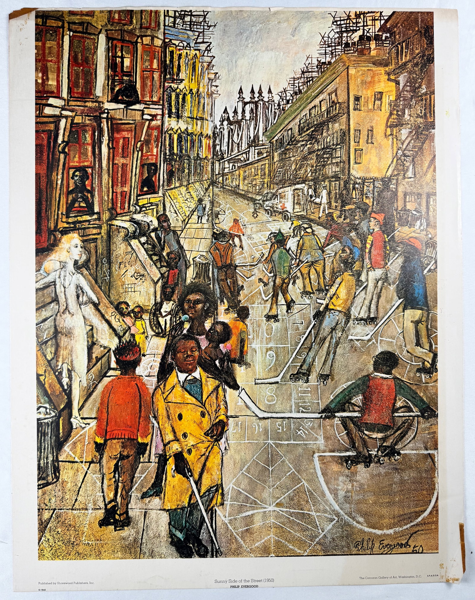 Sunny Side of the Street by Philip Evergood 1960 Art Print Poster 20.5x26.5": Philip Evergood’s 1950 work Sunny Side of the Street. Published by Shorewood Publishers and associated with the Corcoran Gallery of Art.