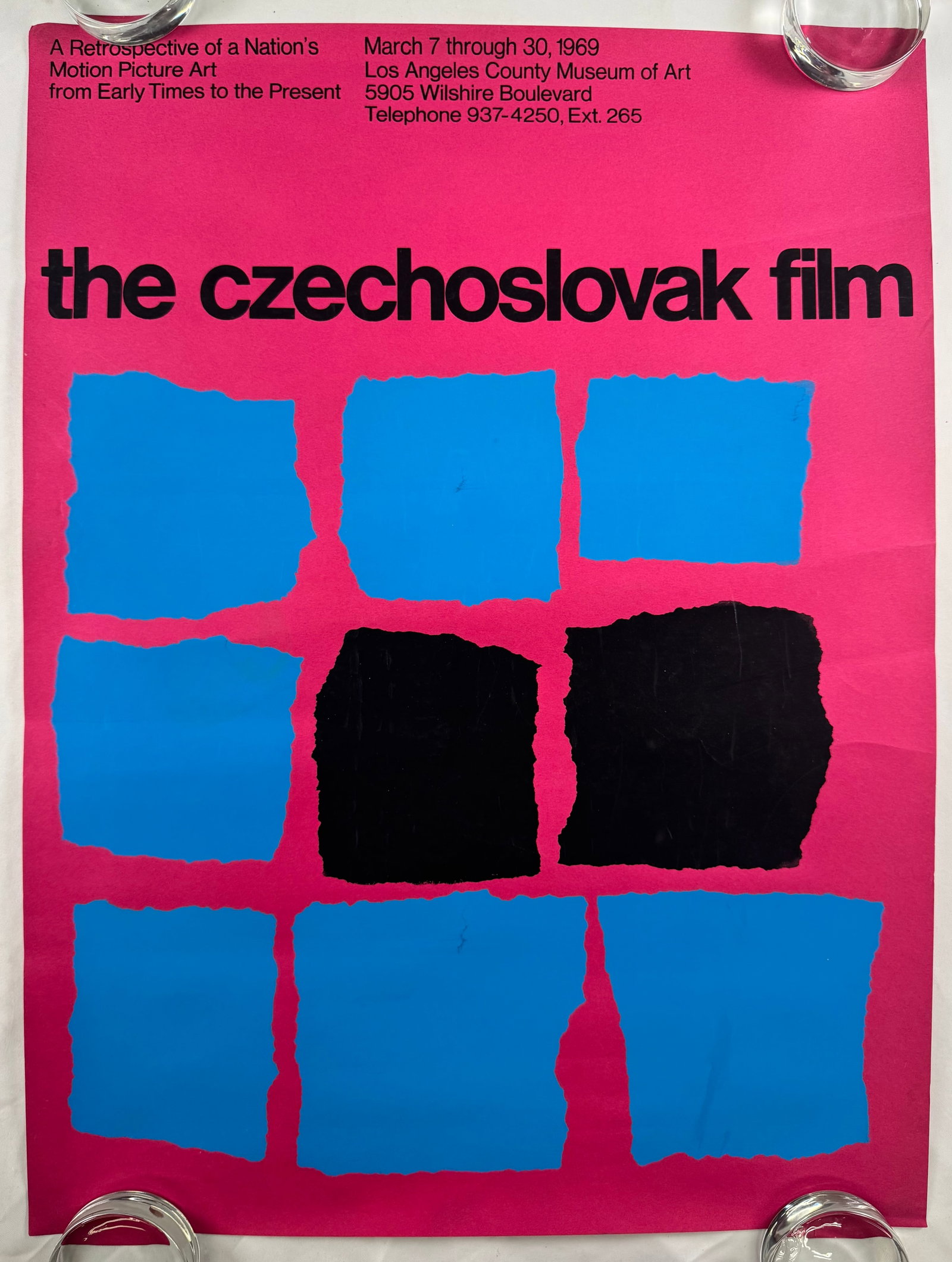 1969 LACMA The Czechoslovak Film Exhibition Poster Los Angeles County Museum Art: Czechoslovak Film exhibition poster for Los Angeles County Museum of Art, March 7–30, 1969. Text reads “A Retrospective of a Nation’s Motion Picture Art from Early Times to the Present” wi