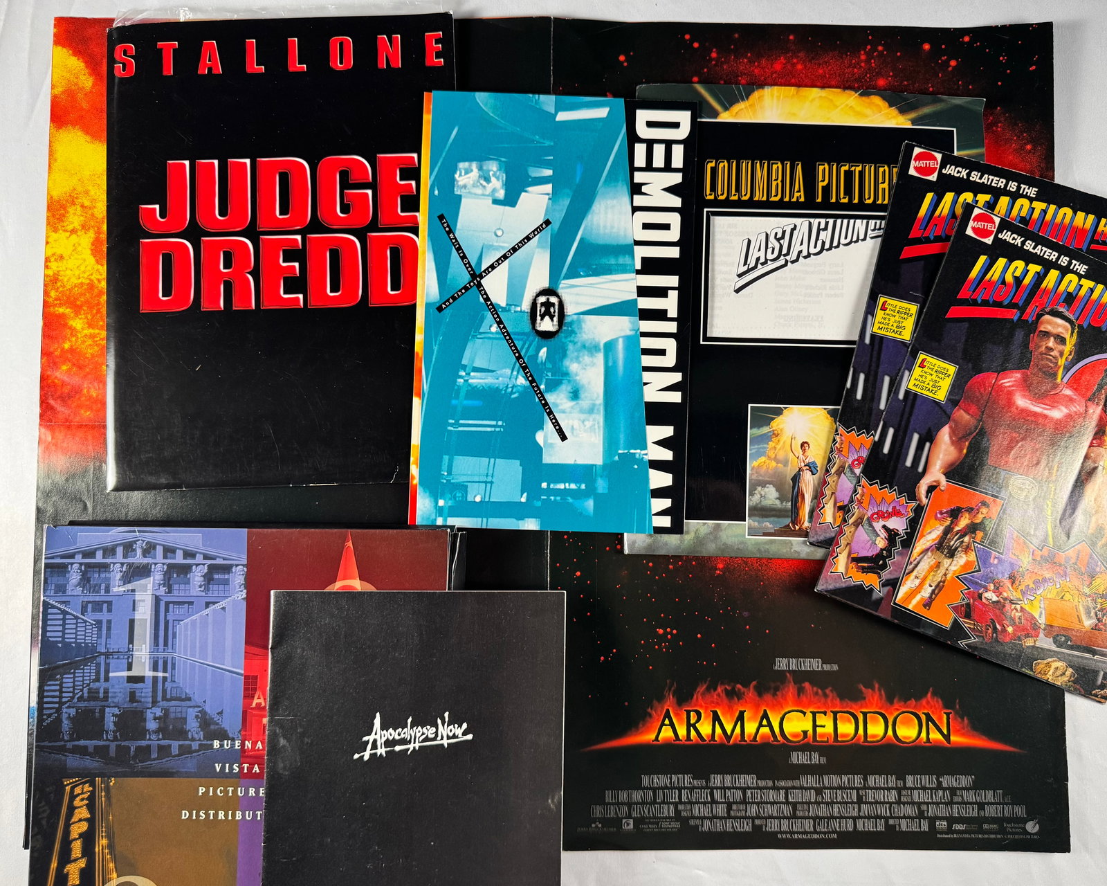 Lot of Movie Press Kits Judge Dredd Stallone Armageddon Apocalypse Now Demolition Man Last Action: Includes press materials for Judge Dredd starring Sylvester Stallone, Armageddon directed by Michael Bay, Apocalypse Now directed by Francis Ford Coppola, Demolition Man starring Sylvester Stallone, a