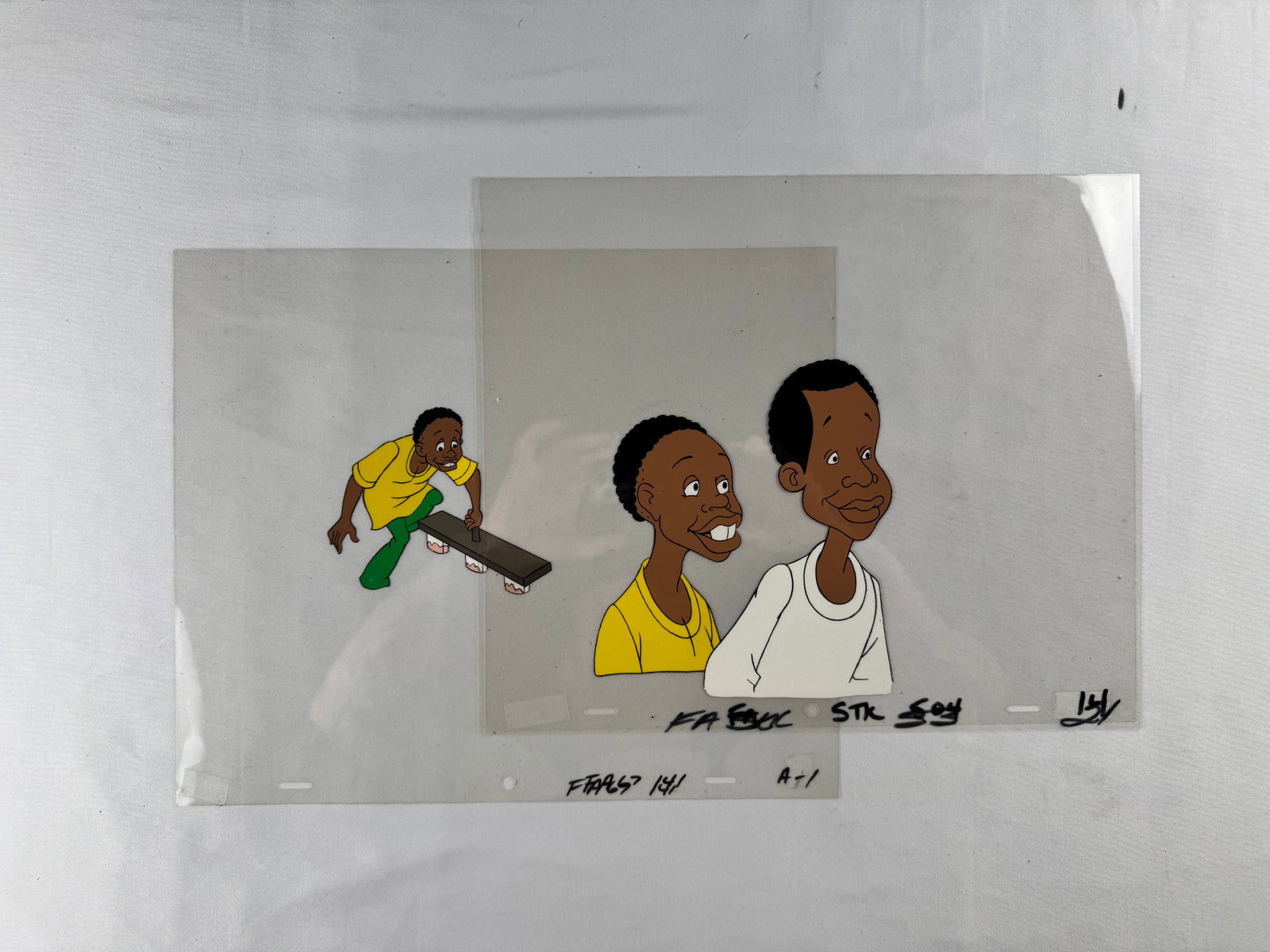 Fat Albert and the Cosby Kids Hand Painted Bill Russell Weird Harold Production Cel: Hand-painted animation cel depicting Bill Russell and Weird Harold from Fat Albert and the Cosby Kids. The animated television series originally aired from 1972 to 1985.