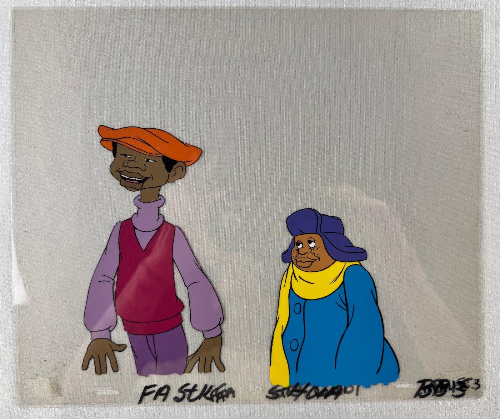 Fat Albert and the Cosby Kids Hand Painted Mushmouth Weird Harold Production Cel: Hand-painted animation cel depicting Mushmouth and Weird Harold from Fat Albert and the Cosby Kids. The animated television series originally aired from 1972 to 1985.