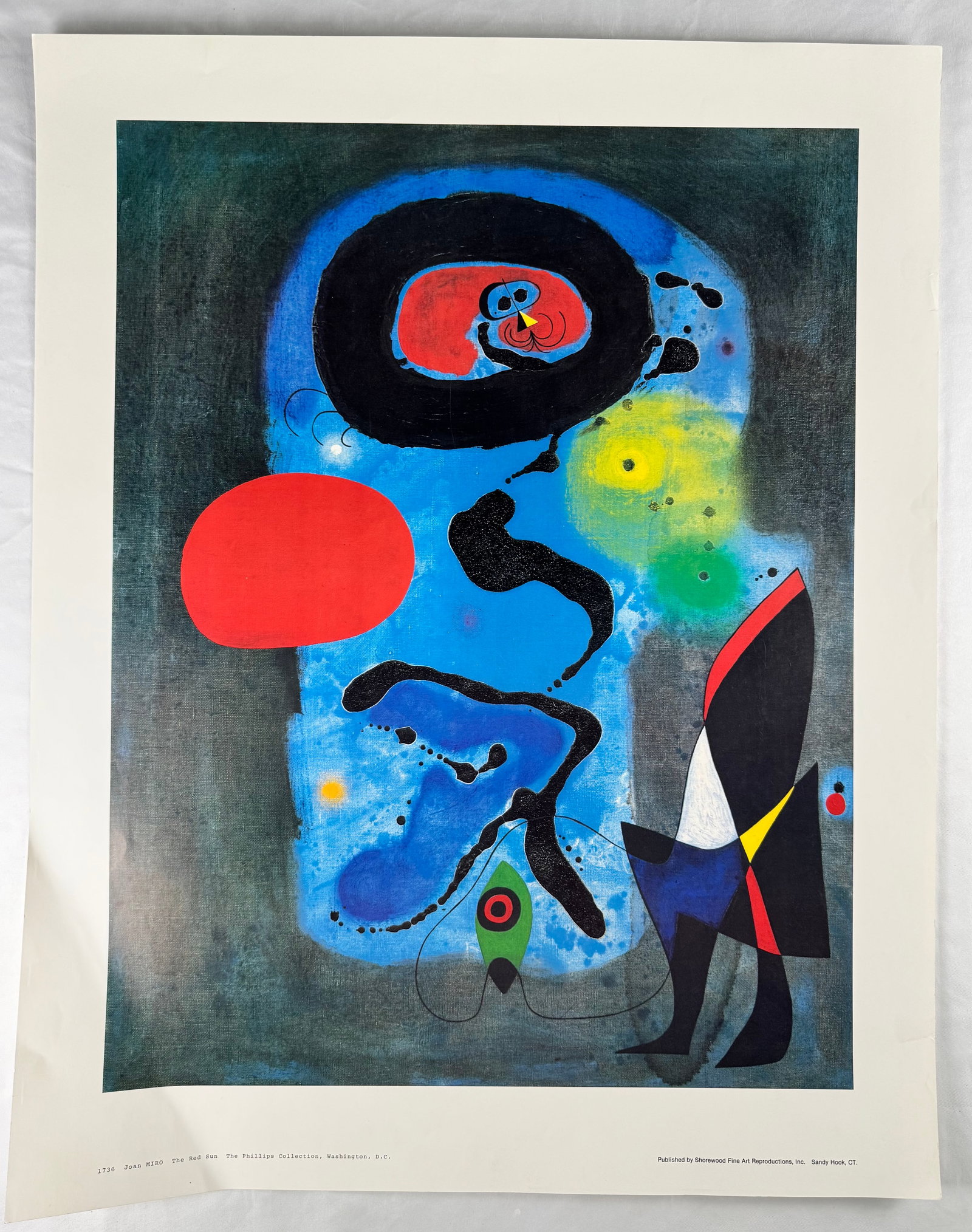Joan Miro The Red Sun Phillips Collection Washington Art Poster 22.5x28.5": Poster reproducing Joan Miró’s The Red Sun from The Phillips Collection, Washington, D.C. Published by Shorewood Fine Art Reproductions with title and collection credits below image.