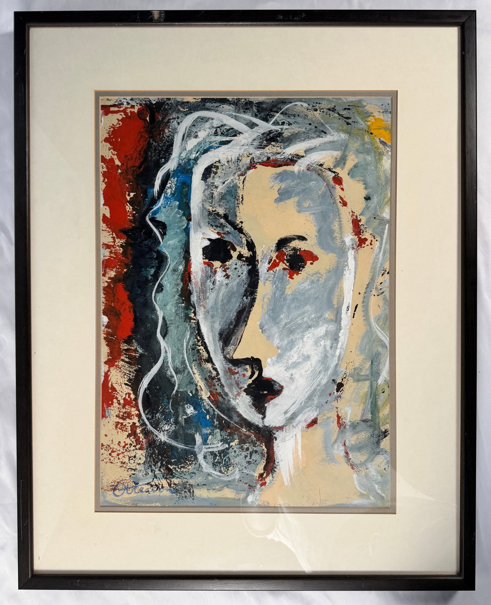 Raymond Biaussat Abstract Oil Painting on Board Framed 20x24": Original abstract oil painting on board by Raymond Biaussat featuring an energetic gestural composition with layered color fields and expressive brushwork characteristic of postwar European abstractio