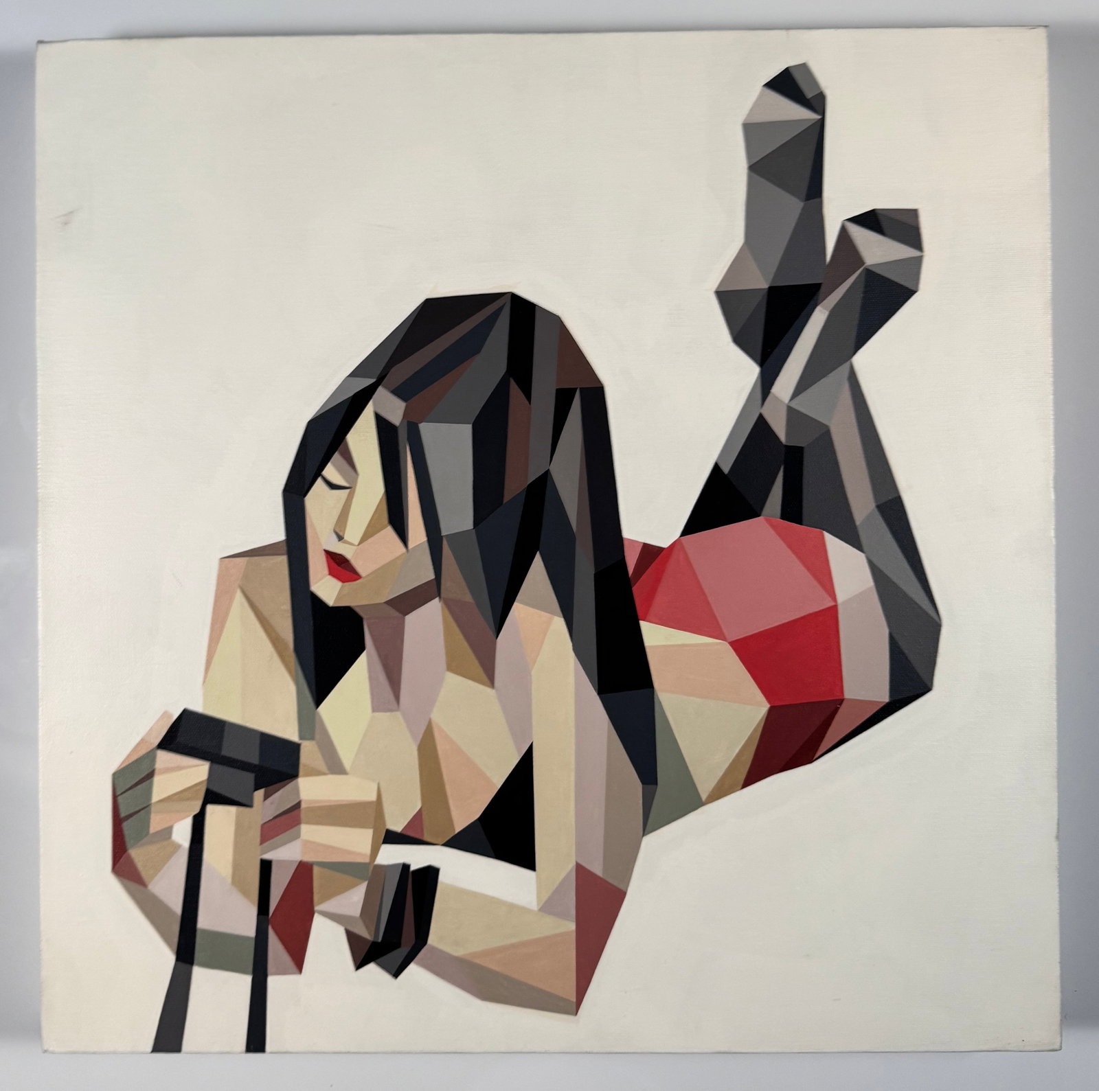 Tim Biskup Geometric Reclining Female Acrylic Painting on Canvas 20x20": Original painting by Tim Biskup depicting a reclining female figure rendered in the artist's distinctive geometric and faceted visual style. Acrylic on canvas composition featuring angular planes of c