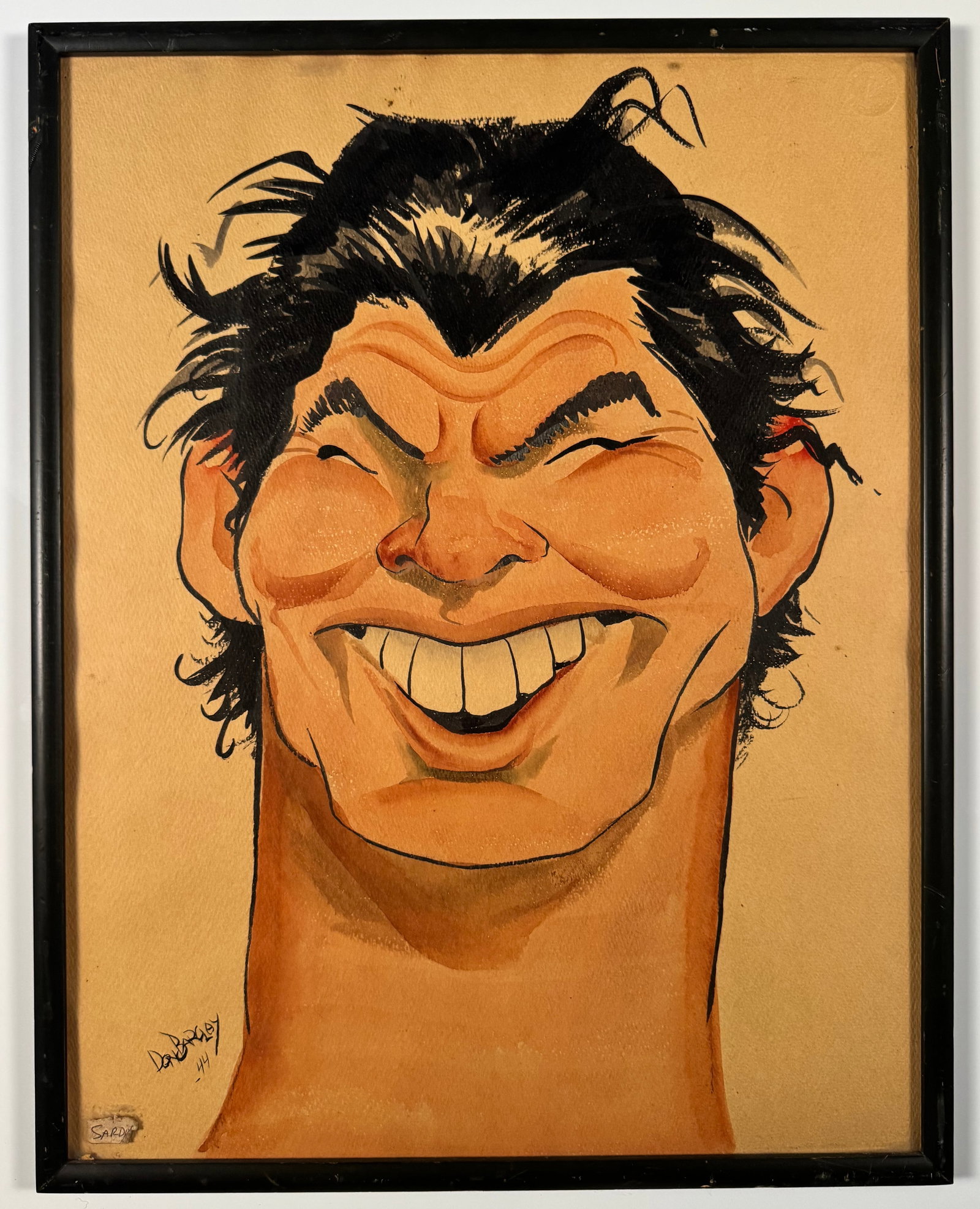Don Barclay 1944 Hollywood Celebrity Caricature Watercolor Painting Sardi's: Original 1944 caricature portrait painting by Don Barclay depicting a smiling male Hollywood figure rendered with exaggerated facial features and expressive brushwork. Watercolor and ink on paper, sig