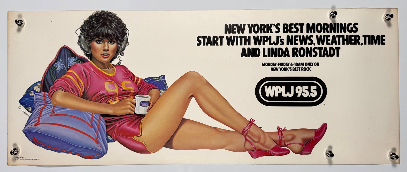 Olivia De Berardinis Linda Ronstadt WPLJ 95.5 Taxi Topper Advertising Sign 1979 28x11": 1979 WPLJ 95.5 New York radio taxi topper advertising sign featuring artwork by Olivia De Berardinis and Linda Ronstadt. Printed with promotional text for the station’s morning programming schedule 