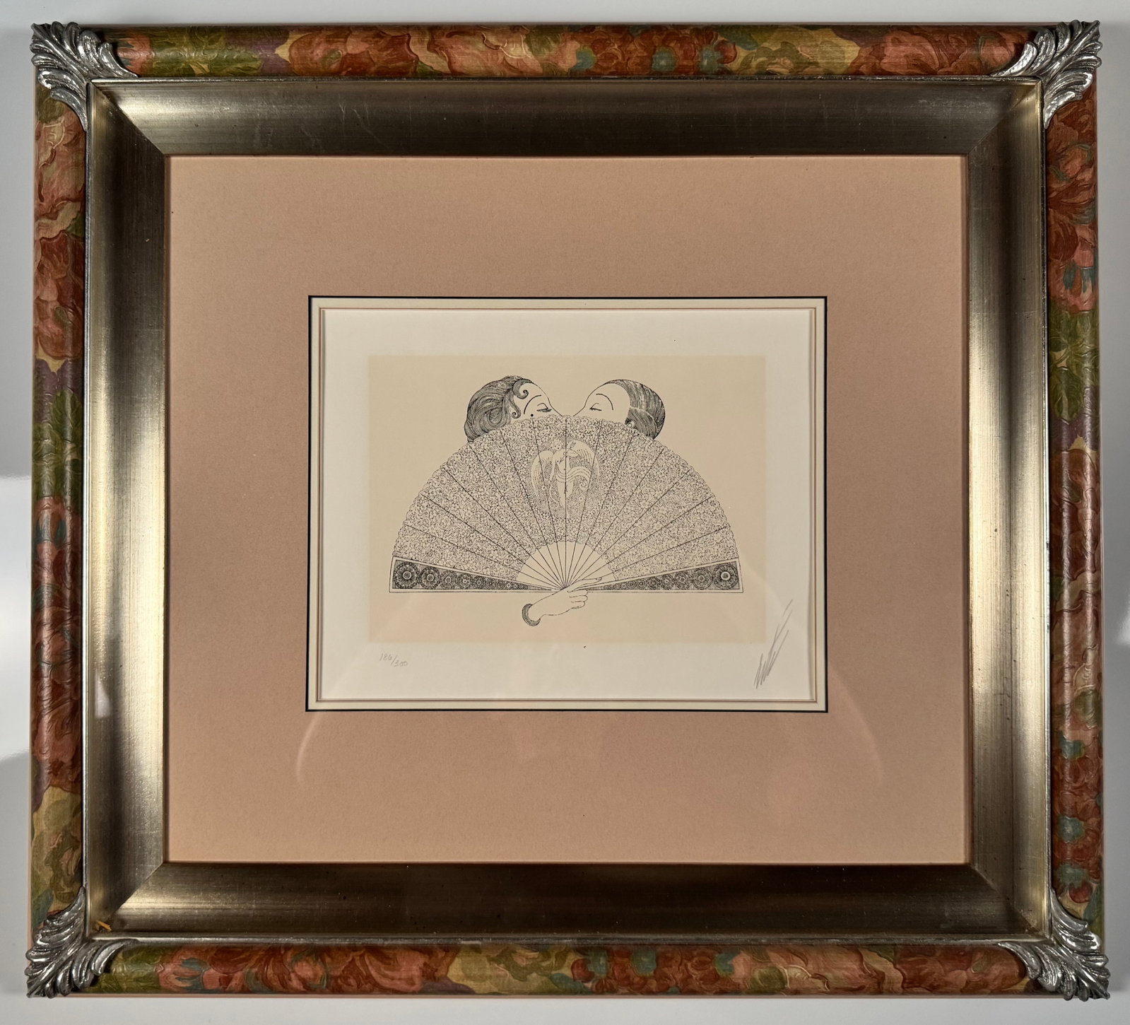 Erte Love's Screen Hand Signed Numbered Lithograph Serigraph Framed Print 11x9": Framed Erte lithograph serigraph titled Love's Screen depicting two stylized figures concealed behind an ornate decorative fan. Hand signed by Erte, numbered 186/300, with Circle Gallery documentation
