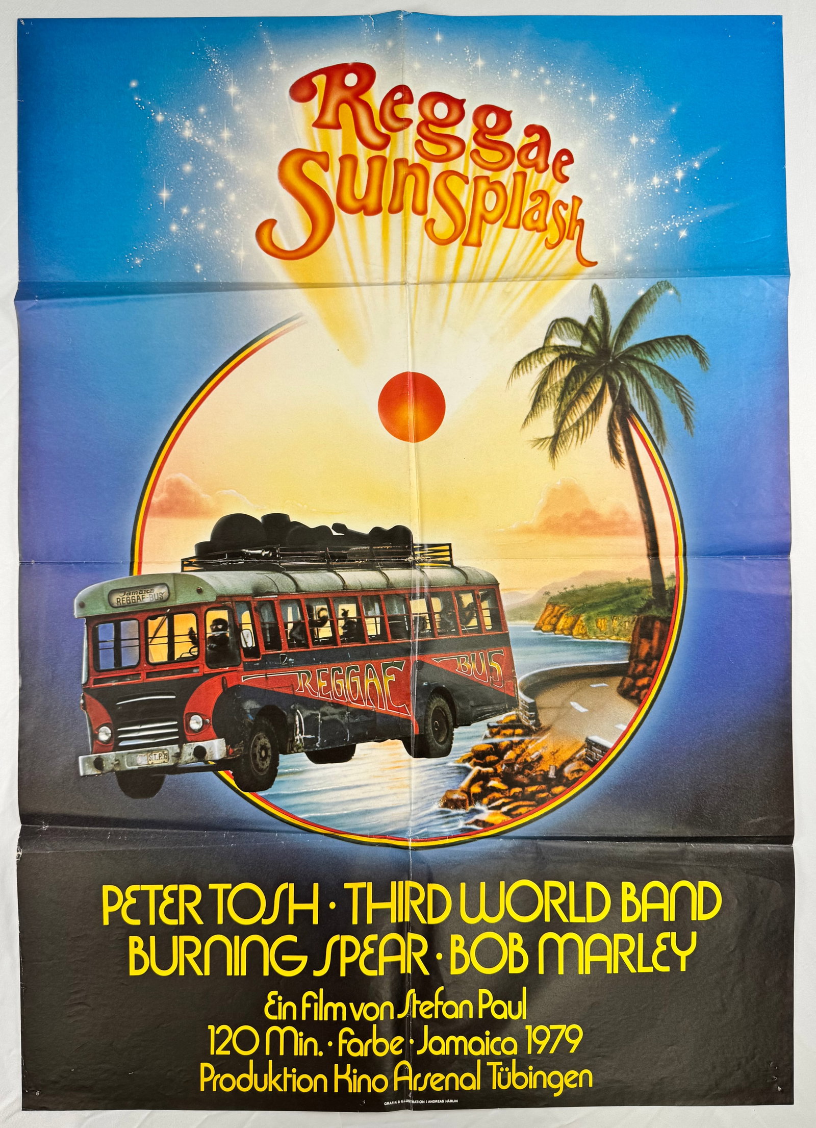 Reggae Sunsplash (1979) Original Movie Poster Stefan Paul Peter Tosh: Reggae Sunsplash is a 1979 concert film directed by Stefan Paul and featuring performances by Peter Tosh, Bob Marley, and Burning Spear. The poster highlights reggae festival imagery and musical artis