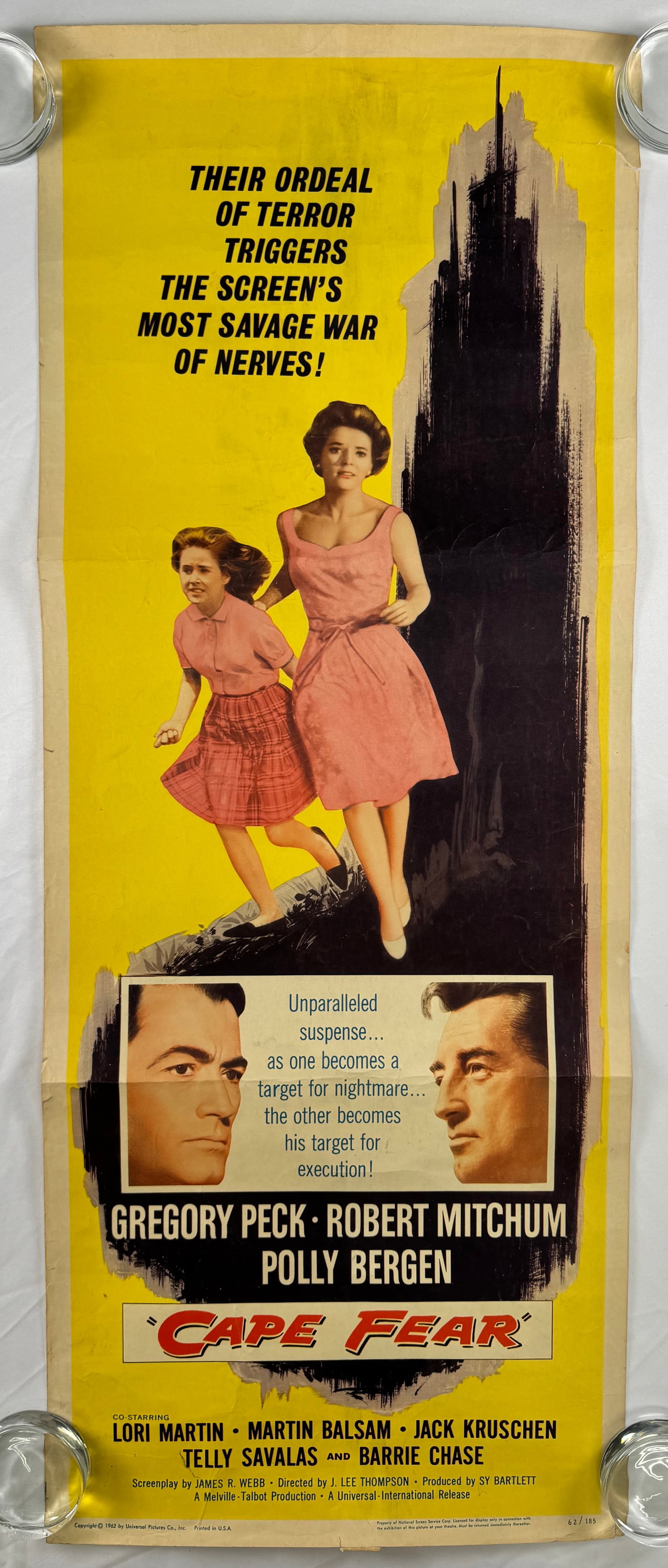 Cape Fear (1962) Original Insert Movie Poster Gregory Peck Robert Mitchum: Original U.S. insert movie poster for Cape Fear (1962), directed by J. Lee Thompson and starring Gregory Peck, Robert Mitchum, and Polly Bergen. Measures approx. 14 x 36 inches. Classic thriller artwo