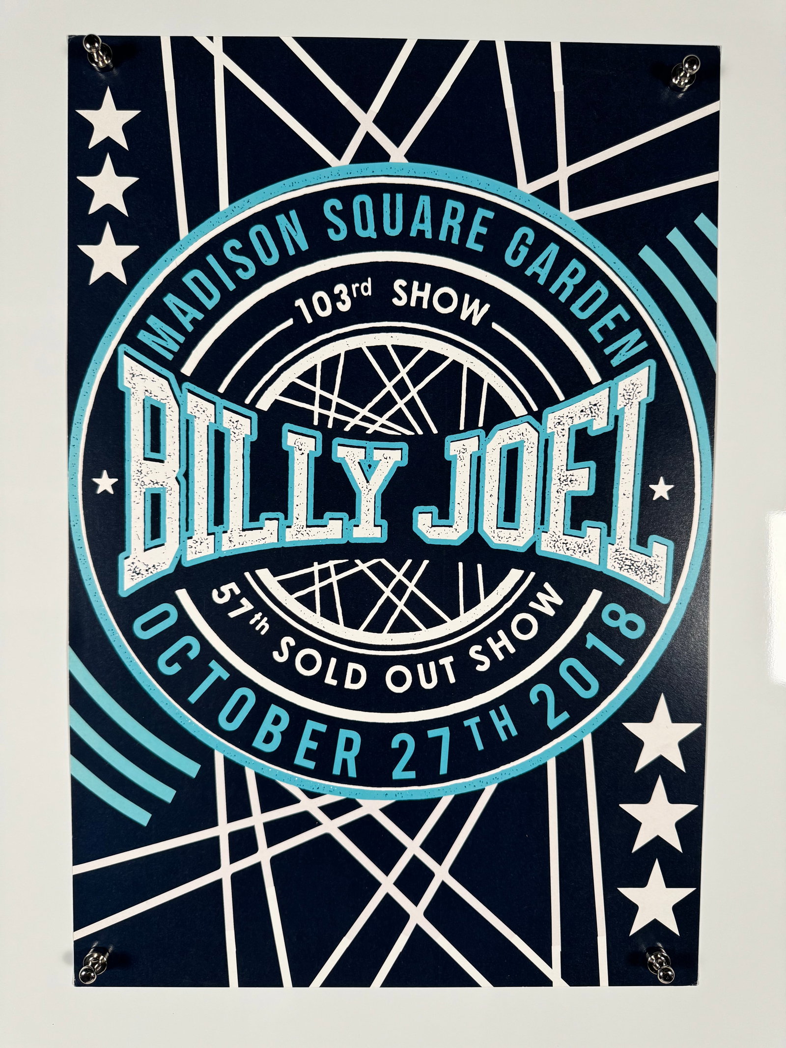 Billy Joel Madison Square Garden 103rd Show 2018 Concert Poster: Billy Joel Madison Square Garden poster commemorating the 103rd show and 57th sold out performance on October 27th 2018. Graphic poster features circular typography and geometric design elements.