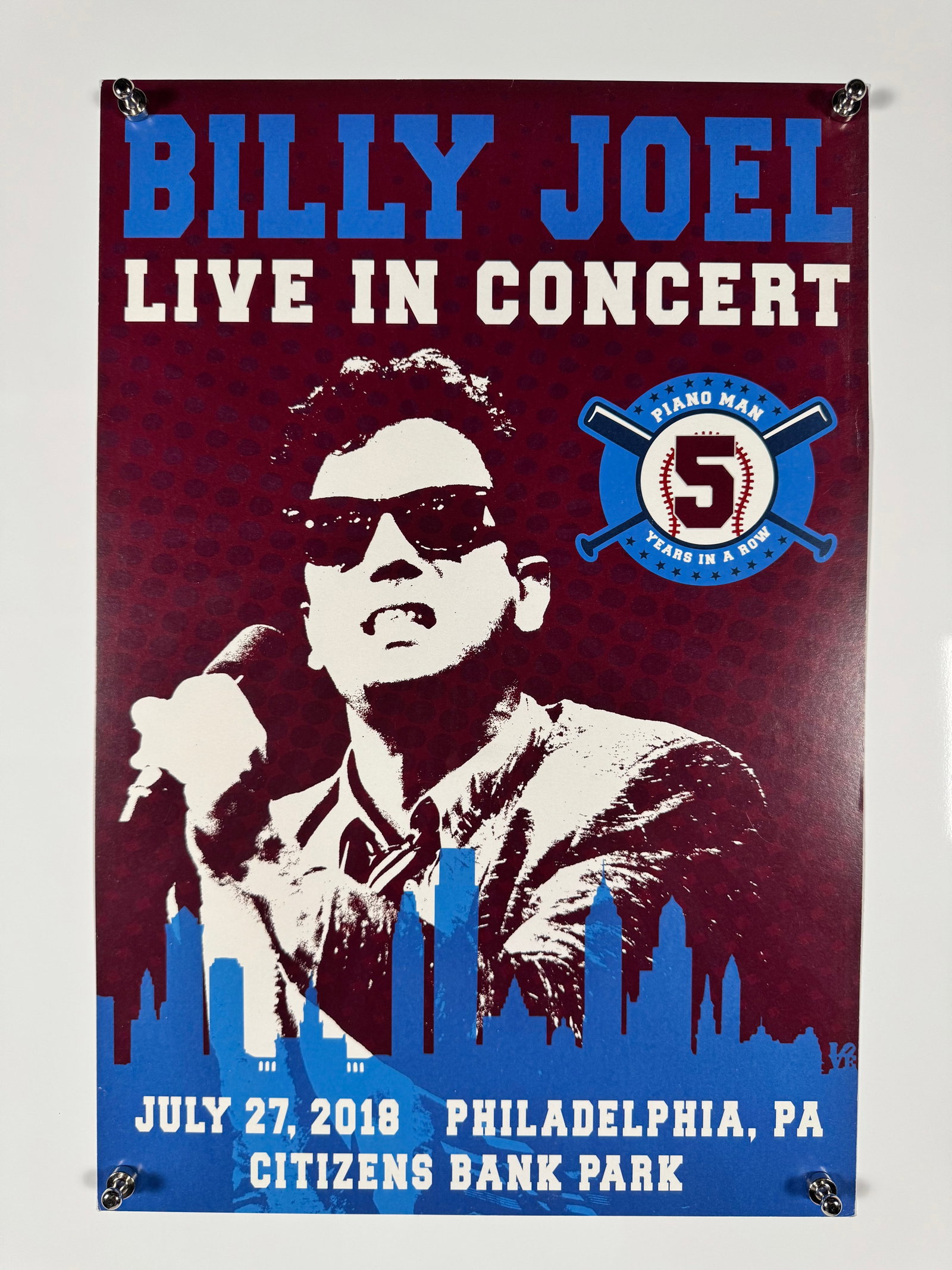Billy Joel Live in Concert 2018 Philadelphia Citizens Bank Park Poster: Billy Joel Live in Concert poster for the July 27th 2018 performance at Citizens Bank Park in Philadelphia, Pennsylvania. Poster features portrait imagery with city skyline graphics and "Piano Man 5 Y