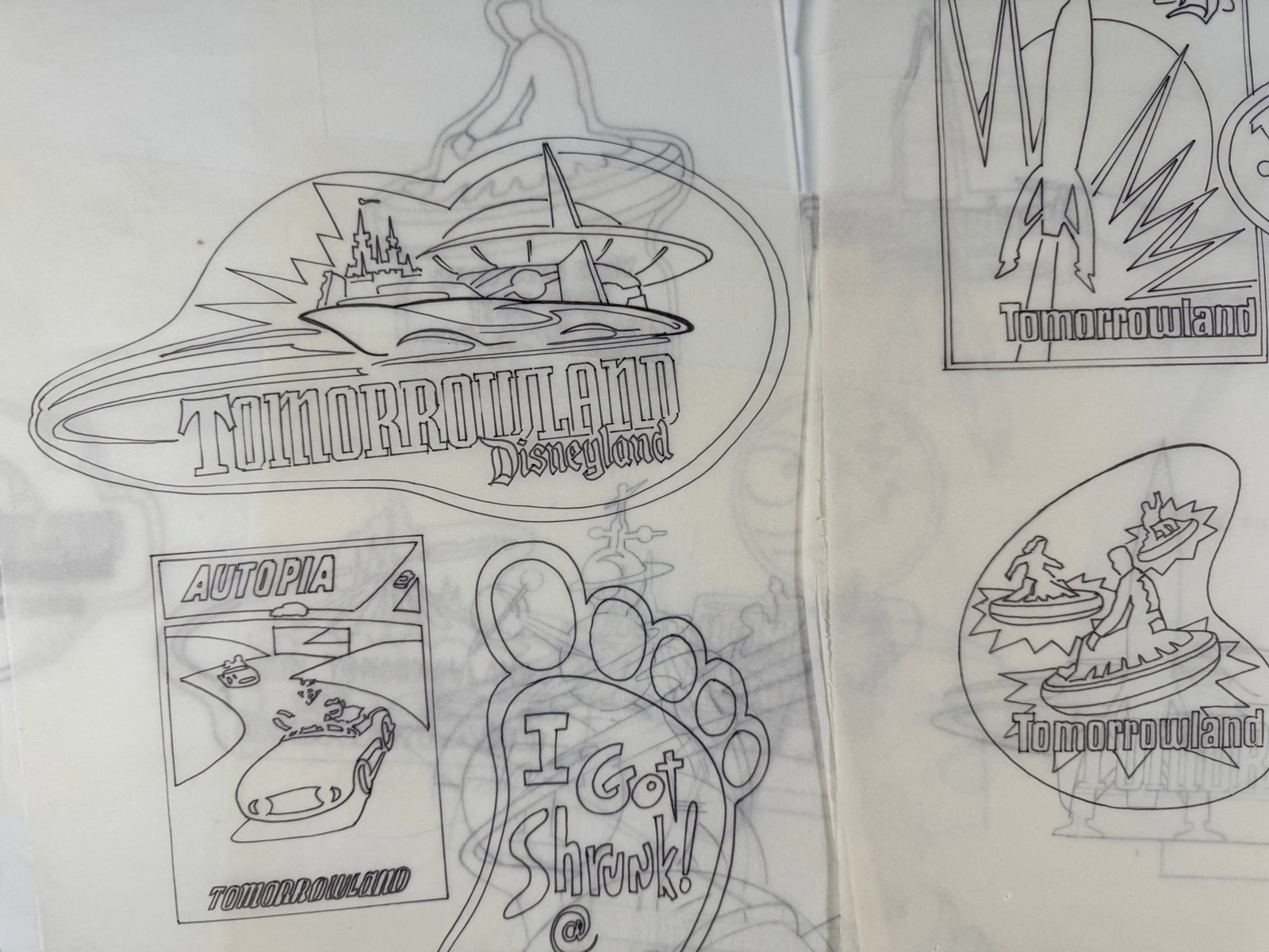 Joe Spencer Disneyland Tomorrowland Original Production Overlay Art: Lot of original Joe Spencer Disneyland Tomorrowland production overlay artwork featuring hand drawn attraction concepts and logo studies including Tomorrowland, Autopia, and "I Got Shrunk!" imagery. T