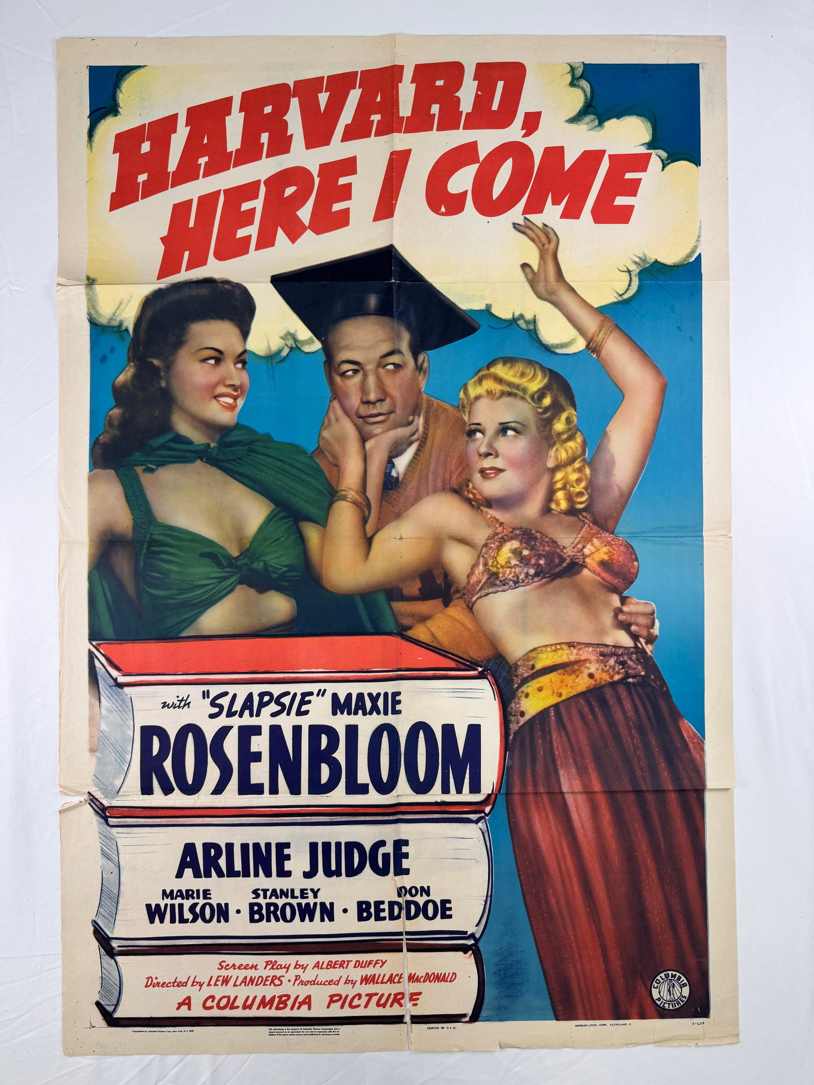 Harvard, Here I Come (1941) Original One Sheet Movie Poster Lew Landers Maxie Rosenbloom: Harvard, Here I Come is a 1941 comedy directed by Lew Landers and starring Maxie Rosenbloom, Arline Judge, and Marie Wilson. The poster shows Rosenbloom between two women with collegiate-themed imager