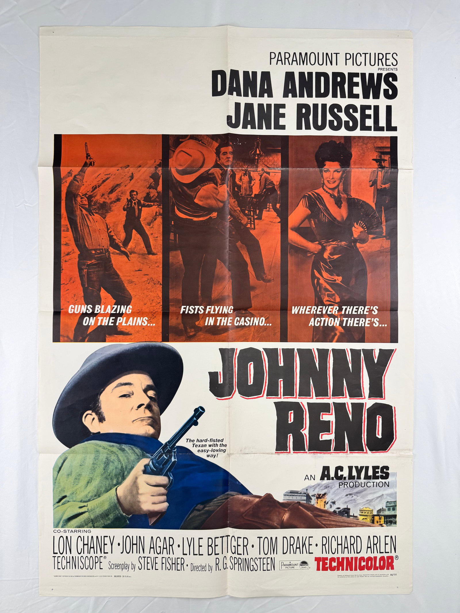 Johnny Reno (1966) Original One Sheet Movie Poster RG Springsteen Dana Andrews: Johnny Reno is a 1966 western directed by R.G. Springsteen and starring Dana Andrews, Jane Russell, and Lon Chaney Jr. The poster shows action scenes including gunfights and western settings.