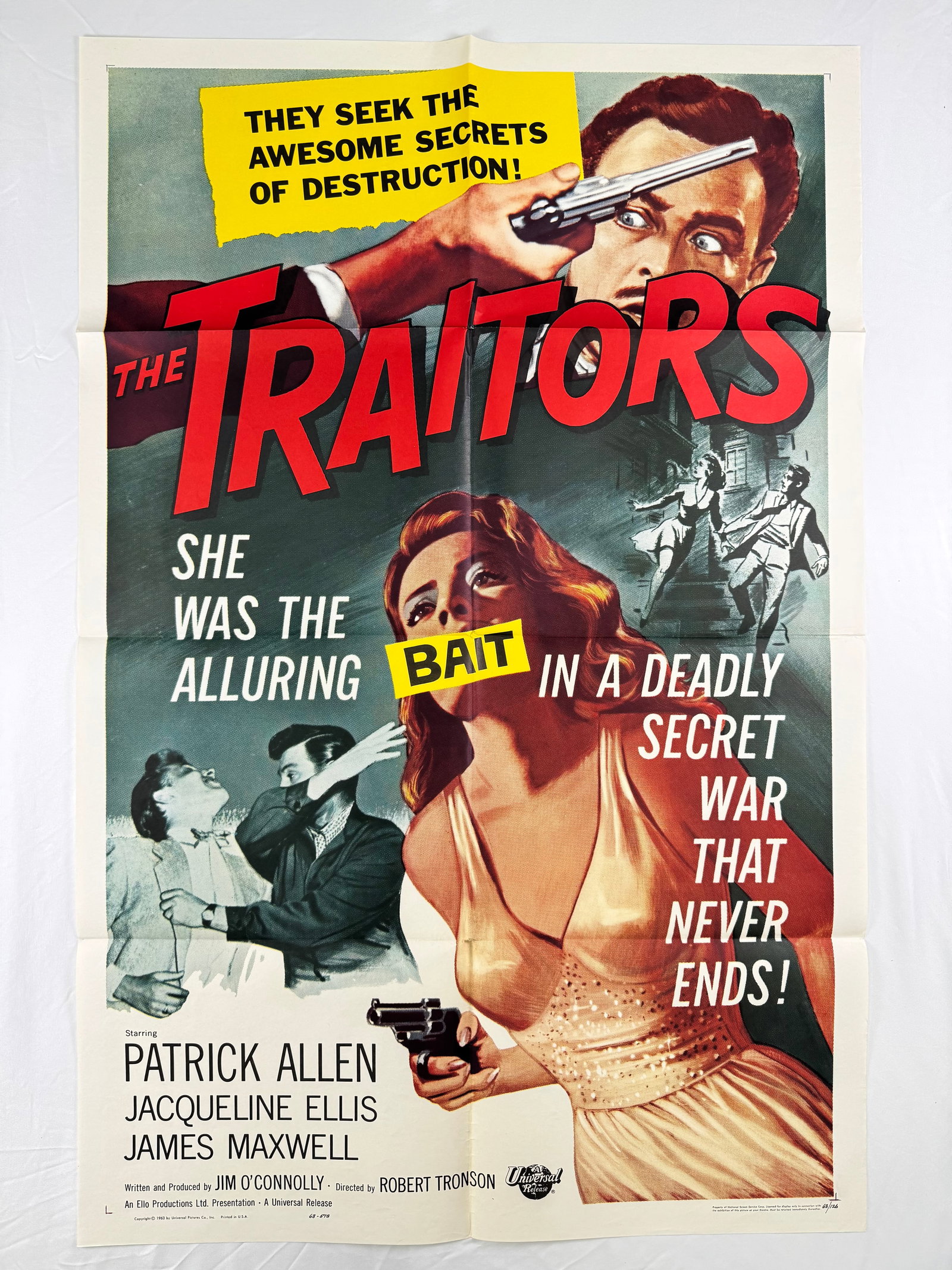 The Traitors (1962) Original One Sheet Movie Poster Robert Tronson Patrick Allen: The Traitors is a 1962 espionage film directed by Robert Tronson and starring Patrick Allen, Jacqueline Ellis, and James Maxwell. The poster depicts Cold War spy themes with dramatic character imagery