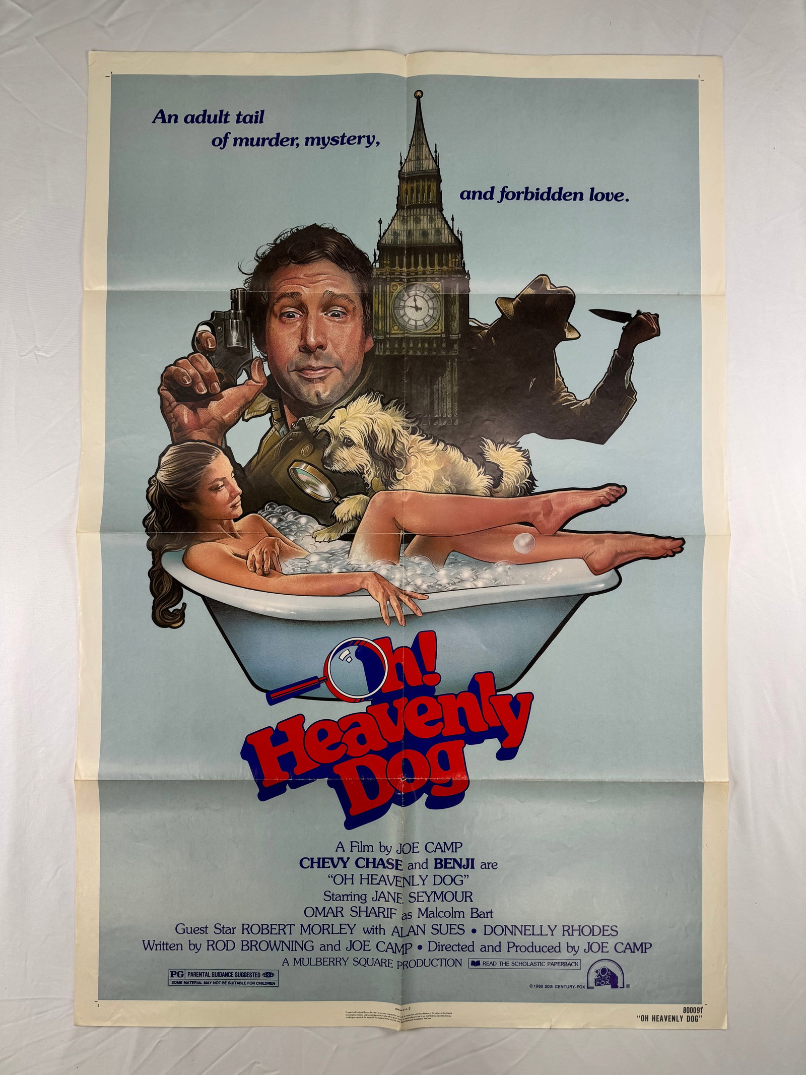 Oh Heavenly Dog (1980) Original One Sheet Movie Poster Joe Camp Chevy Chase: Oh Heavenly Dog is a 1980 comedy directed by Joe Camp and starring Chevy Chase, Jane Seymour, and Omar Sharif. This poster depicts a detective-themed composition featuring a dog and central character 