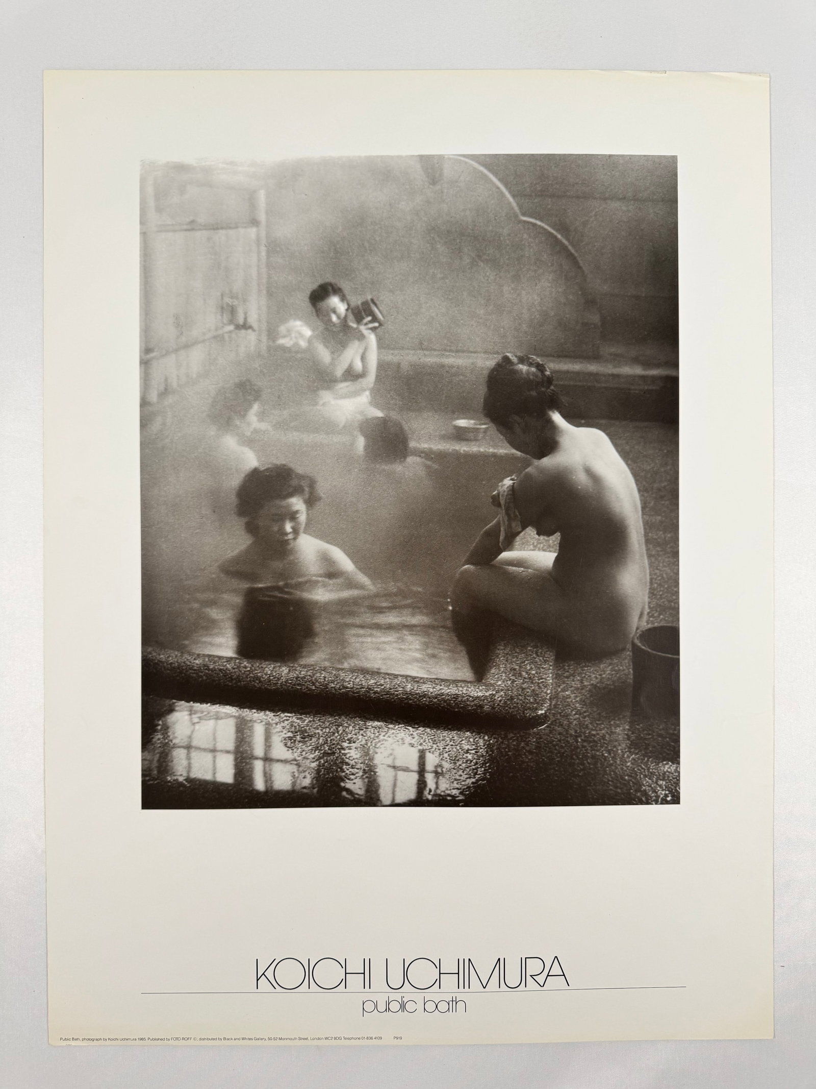 Public Bath by Koichi Uchimura Original Poster Artistic Nude Female Model 18x23.5 Photography Musuem: Poster copy reads: Public Bath, photograph by Koichi Uchimura 1985. Published by FOTO-ROFF ©; distributed by Black and Whites Gallery, 50-52 Monmouth Street, London WC2 9DG Telephone 01-836 4109