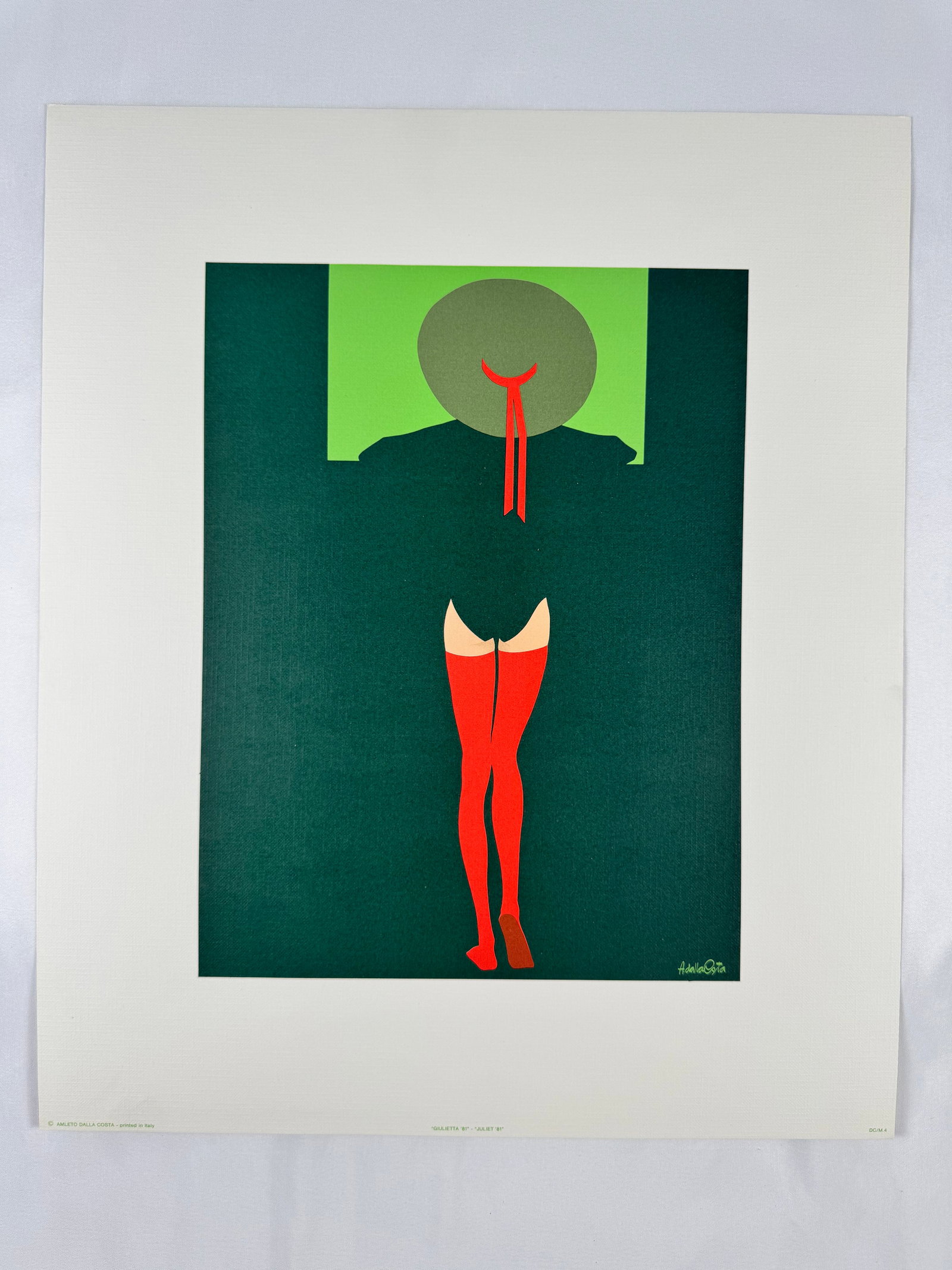 Amleto Dalla Costa "Green Interior" Original Illustration 12.5x15 Italian Female Form Art Print: Amleto Dalla Costa (1929–2024) was a Milan-born Italian artist whose elegant, graphic style bridged poster design, printmaking, and figurative fine art. Trained in the visual arts during Italy’s p
