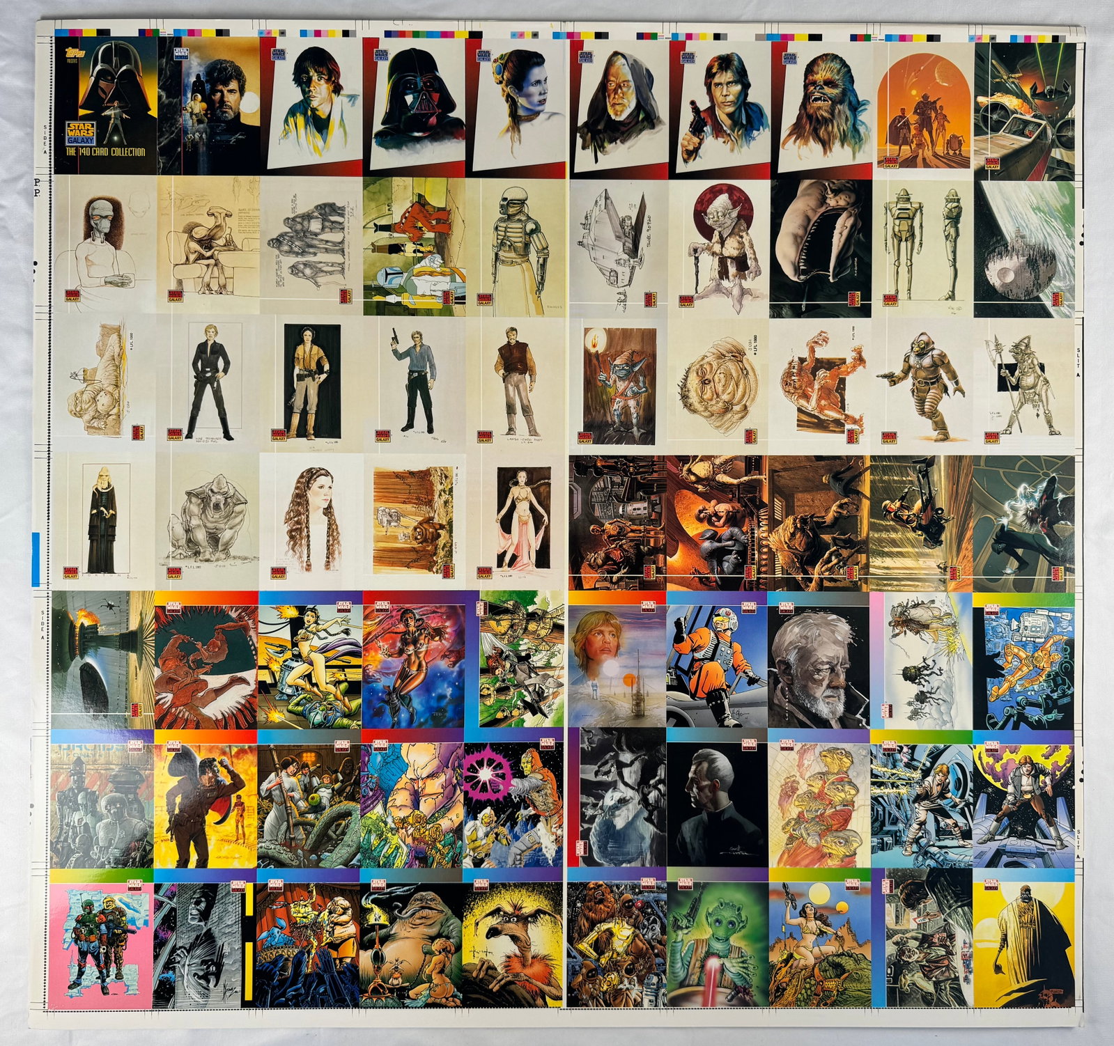 Star Wars Original Trilogy Art Uncut Trading Card Sheet (1977–1983): Uncut trading card sheet featuring artwork from the Star Wars original trilogy films released between 1977 and 1983. Films star Mark Hamill, Harrison Ford, and Carrie Fisher.