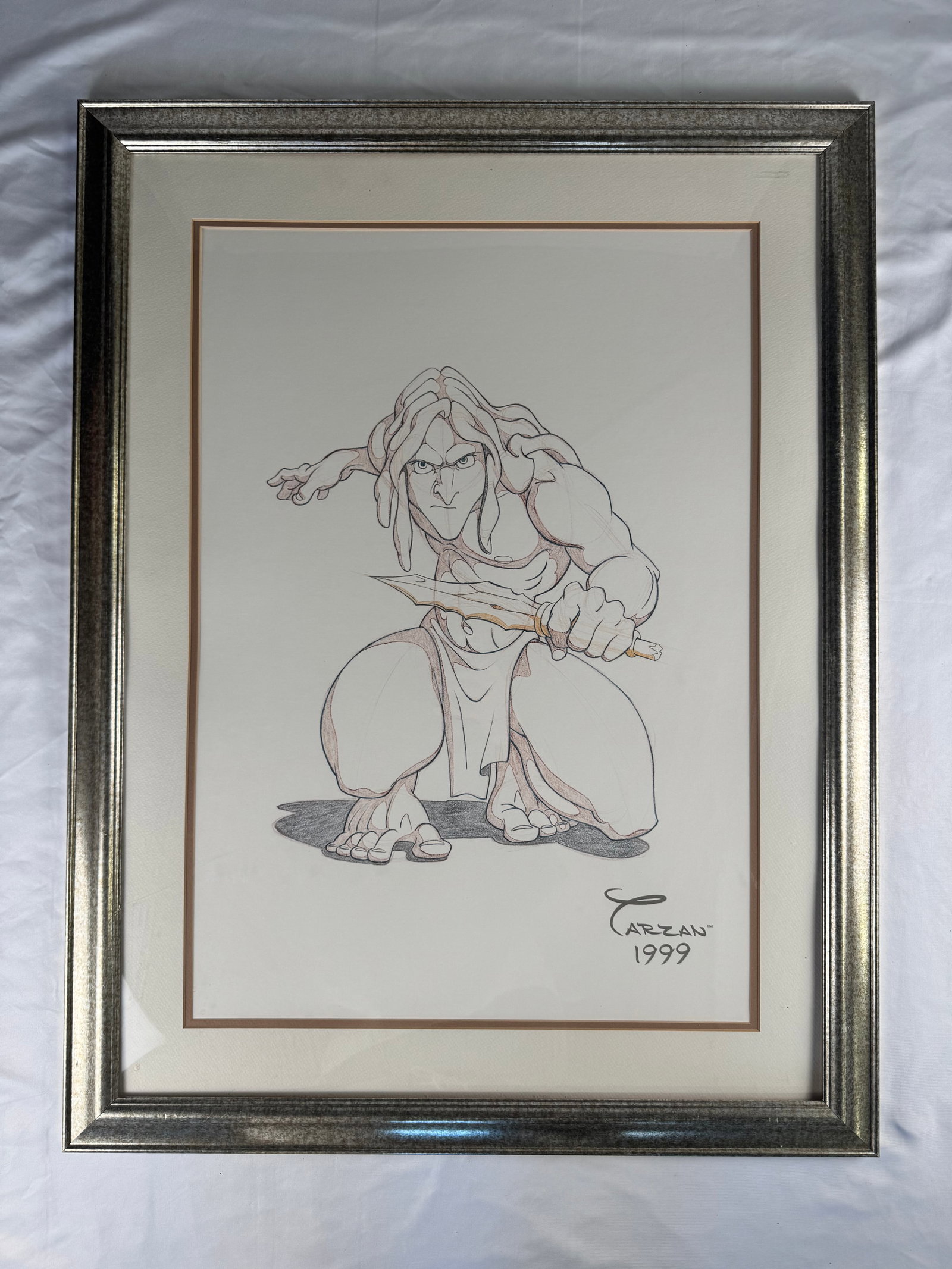 Tarzan 1999 Disney Animated Film Concept Art Drawing Framed Production Artwork Animation Art: Original concept art drawing from Disney’s animated feature film Tarzan (1999). Directed by Kevin Lima and Chris Buck, the film was produced during the later period of the Disney Renaissance and fea