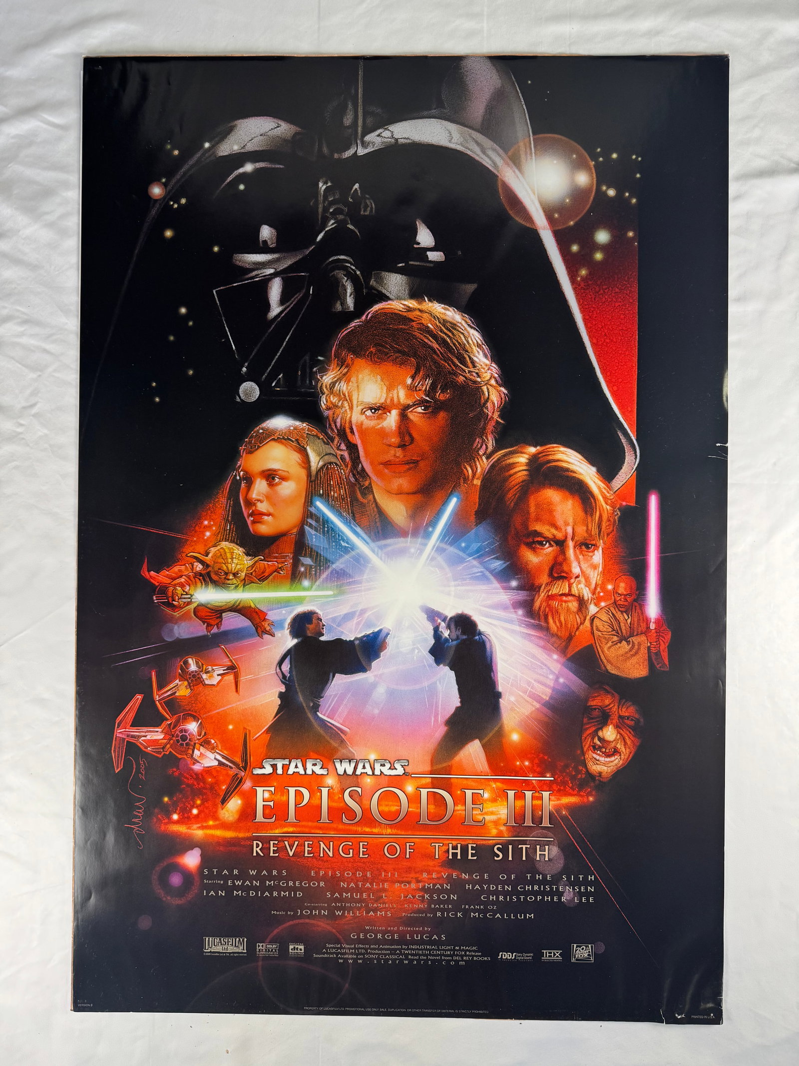 Star Wars Episode III Revenge of the Sith One Sheet (2005): Original theatrical one sheet for Star Wars Episode III Revenge of the Sith released by Lucasfilm. Features ensemble artwork including Anakin Skywalker, Darth Vader, and Obi-Wan Kenobi.