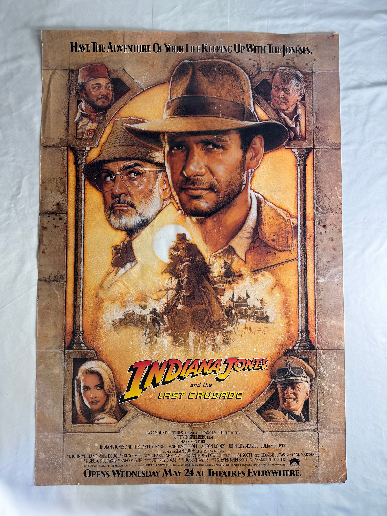 Indiana Jones and the Last Crusade One Sheet (1989): Original theatrical one sheet for Indiana Jones and the Last Crusade released in 1989 by Paramount Pictures. Artwork features Harrison Ford and Sean Connery.