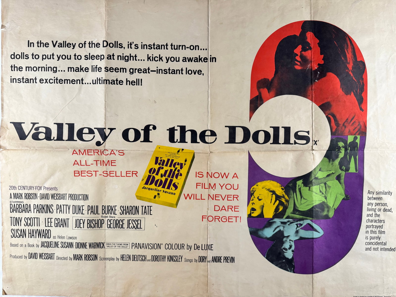 Valley of the Dolls 1967 Original British Quad Movie Poster 30 x 40 in: Original folded theatrical poster for Valley of the Dolls (1967) by 20th Century Fox. Starring Barbara Parkins, Patty Duke, Paul Burke, and Sharon Tate.