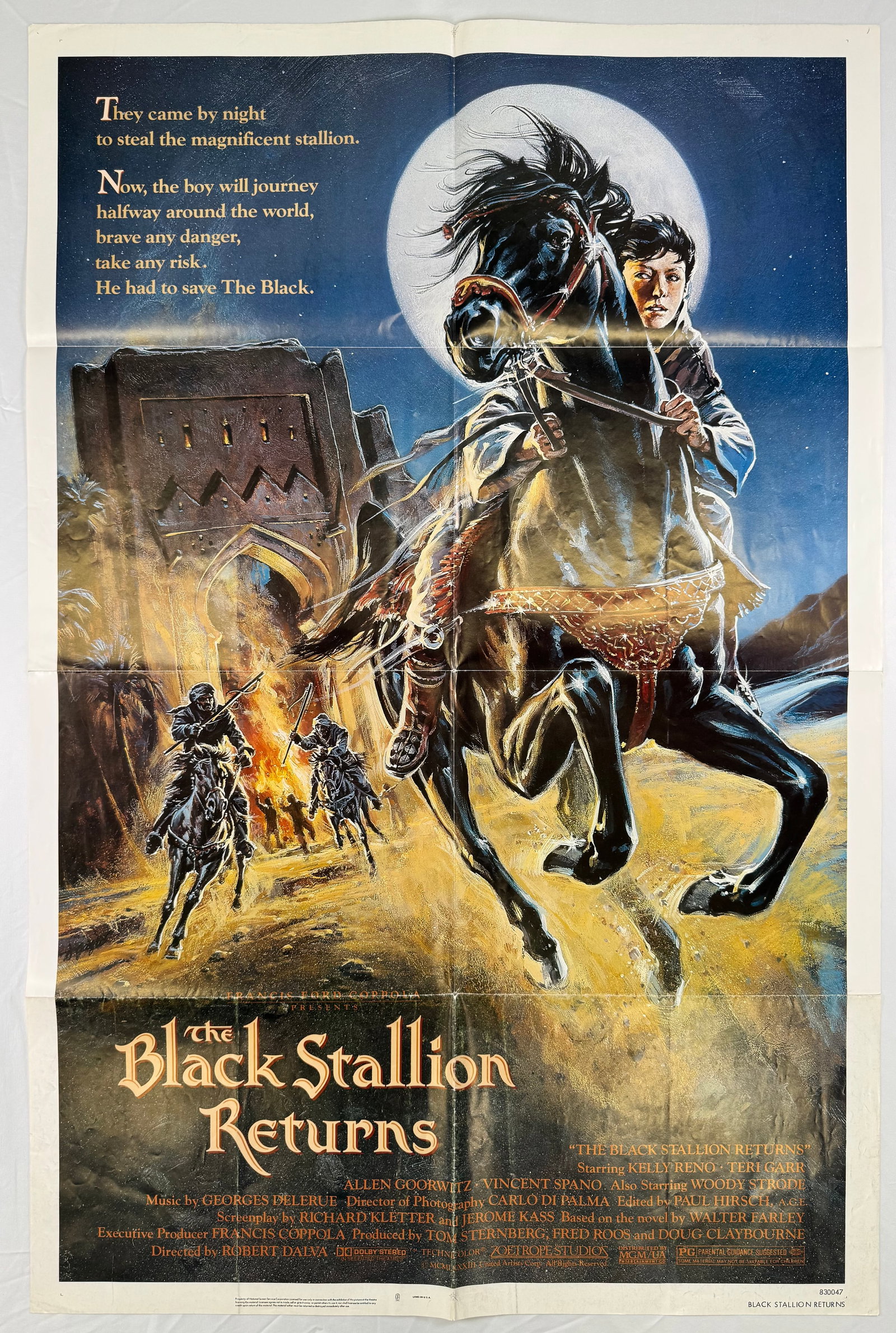 The Black Stallion Returns (1983) Original One Sheet Movie Poster Robert Dalva Kelly Reno: The Black Stallion Returns is a 1983 adventure film directed by Robert Dalva and starring Kelly Reno and Teri Garr. The poster features a dramatic illustration of a boy riding a black horse under a mo