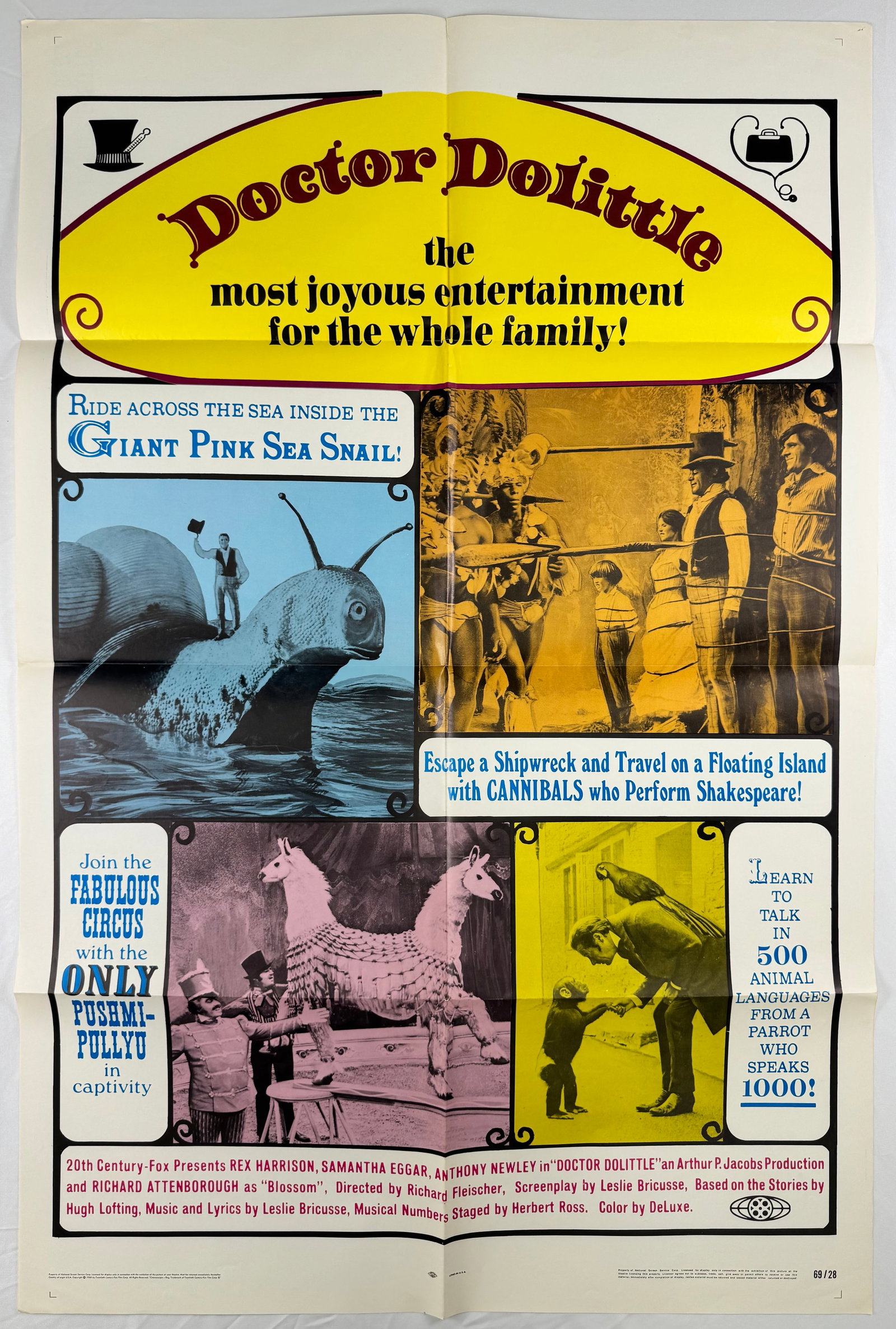 Doctor Dolittle (1967) Original One Sheet Movie Poster Richard Fleischer Rex Harrison: Doctor Dolittle is a 1967 musical fantasy film directed by Richard Fleischer and starring Rex Harrison, Samantha Eggar, and Anthony Newley. The poster presents colorful vignette-style scenes highlight