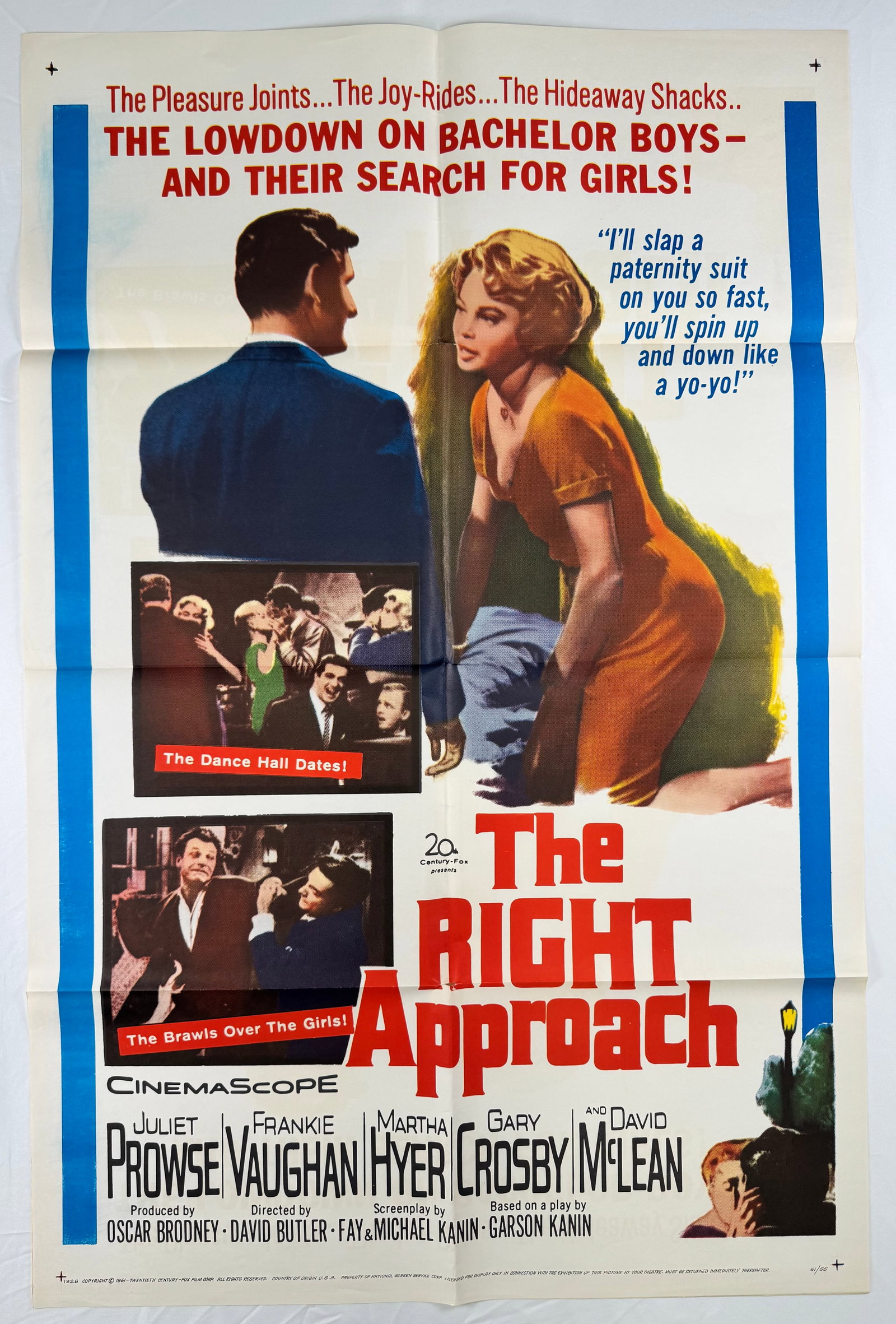 The Right Approach (1961) Original One Sheet Movie Poster David Butler Frankie Vaughan: The Right Approach is a 1961 comedy directed by David Butler and starring Frankie Vaughan, Juliet Prowse, and Gary Crosby. The poster emphasizes romantic and social scenarios with bold red title typog