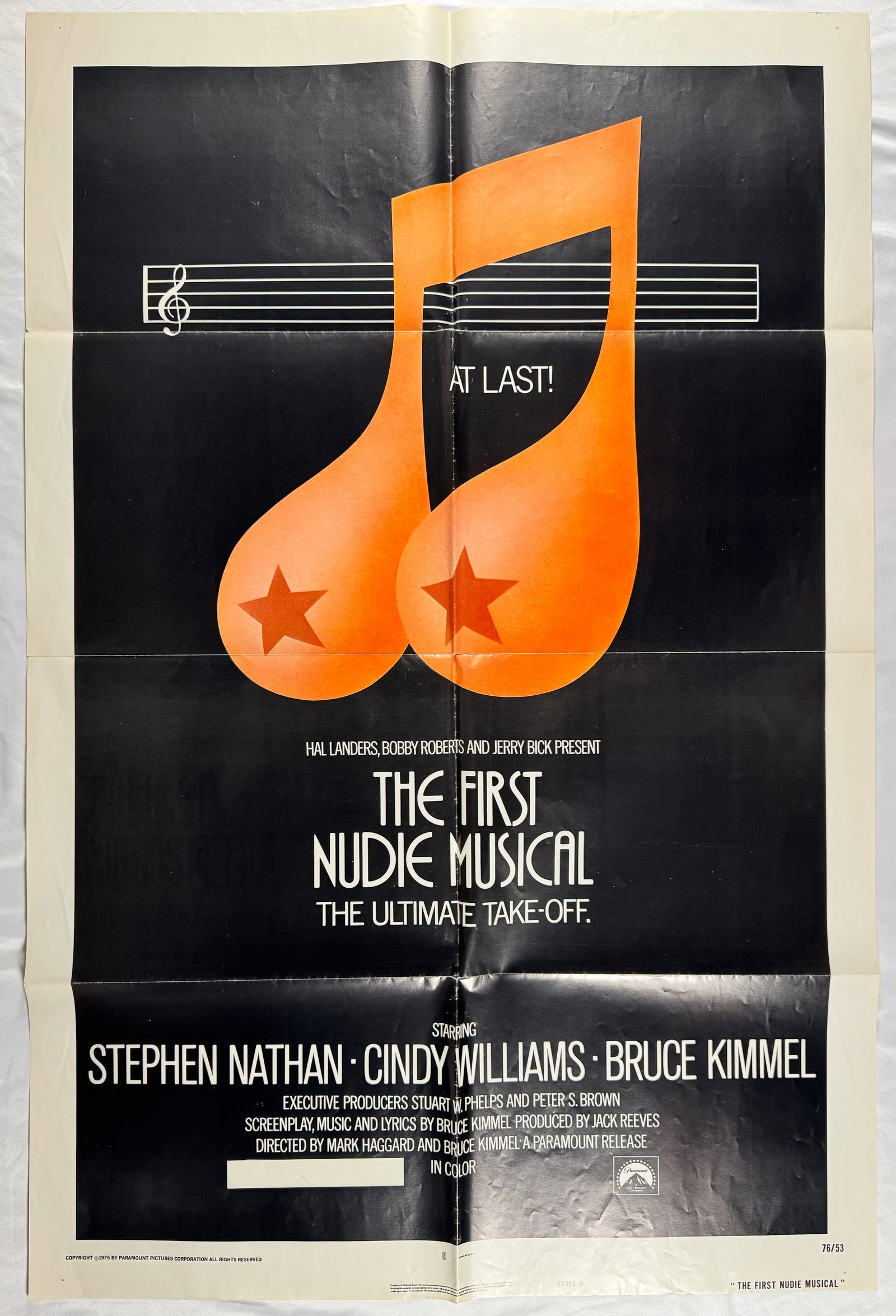The First Nudie Musical 1976 One Sheet Poster 27 x 41 in: Original 1976 one sheet poster for The First Nudie Musical directed by Mark Haggard. Stars Cindy Williams and Stephen Nathan.