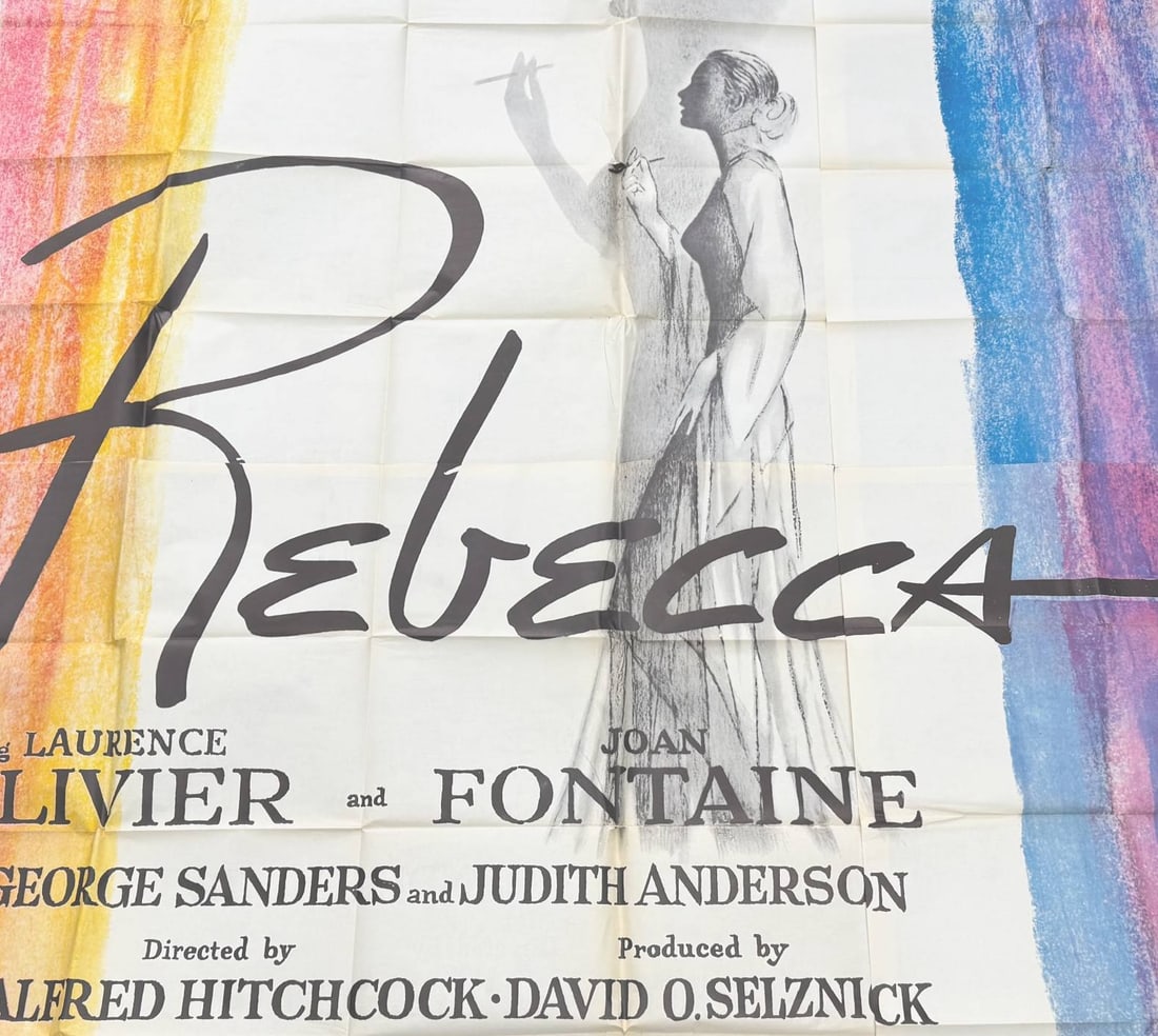 Rebecca 1940 6 Sheet Poster1956 RR Alfred Hitchcock HUGE 81 x 81: Original 1956 re-release six sheet poster for Rebecca directed by Alfred Hitchcock. Stars Laurence Olivier and Joan Fontaine.