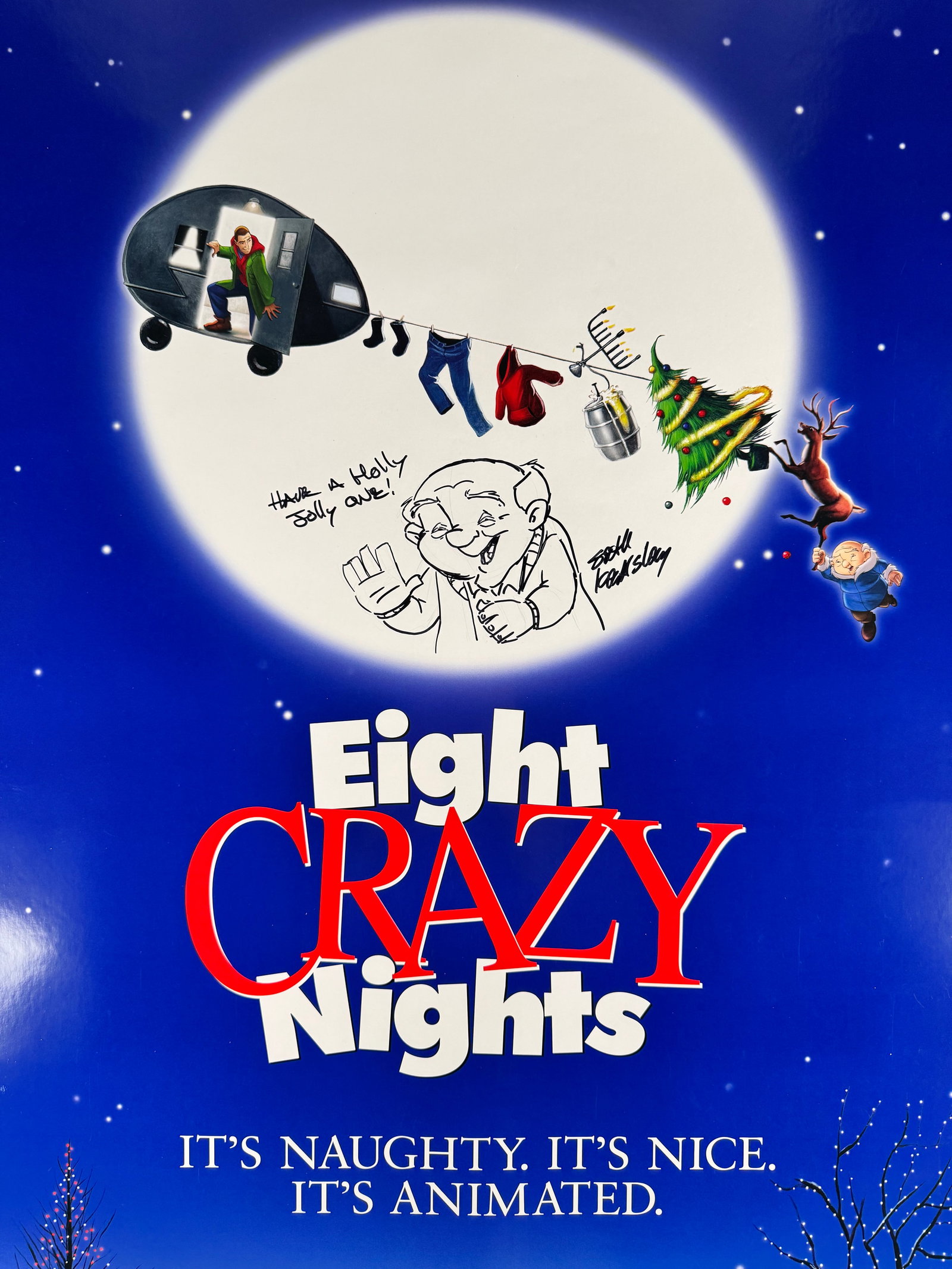 Adam Sandler Eight Crazy Nights 2002 27x40 One Sheet Poster Signed Seth Kearsley COA: This 27 x 40 one sheet poster promotes the 2002 animated film Eight Crazy Nights starring Adam Sandler. It is signed by Seth Kearsley and includes a certificate of authenticity.
