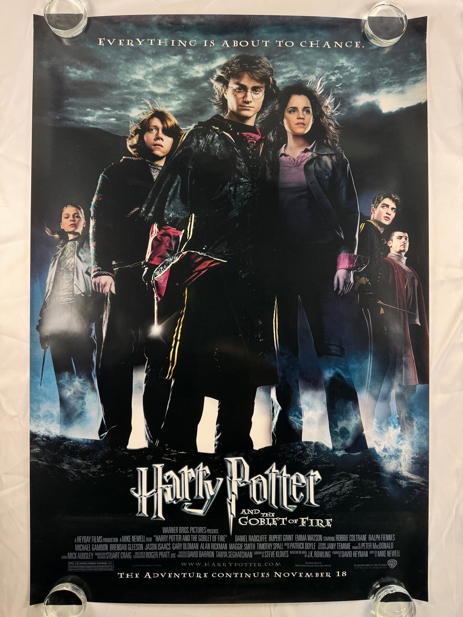 Harry Potter and the Goblet of Fire 2005 Style B One Sheet DSS Original Vintage Movie Poster 27"x40": Harry Potter and the Goblet of Fire is a 2005 fantasy film directed by Mike Newell from a screenplay by Steve Kloves. It is based on the 2000 novel Harry Potter and the Goblet of Fire by J. K. Rowling
