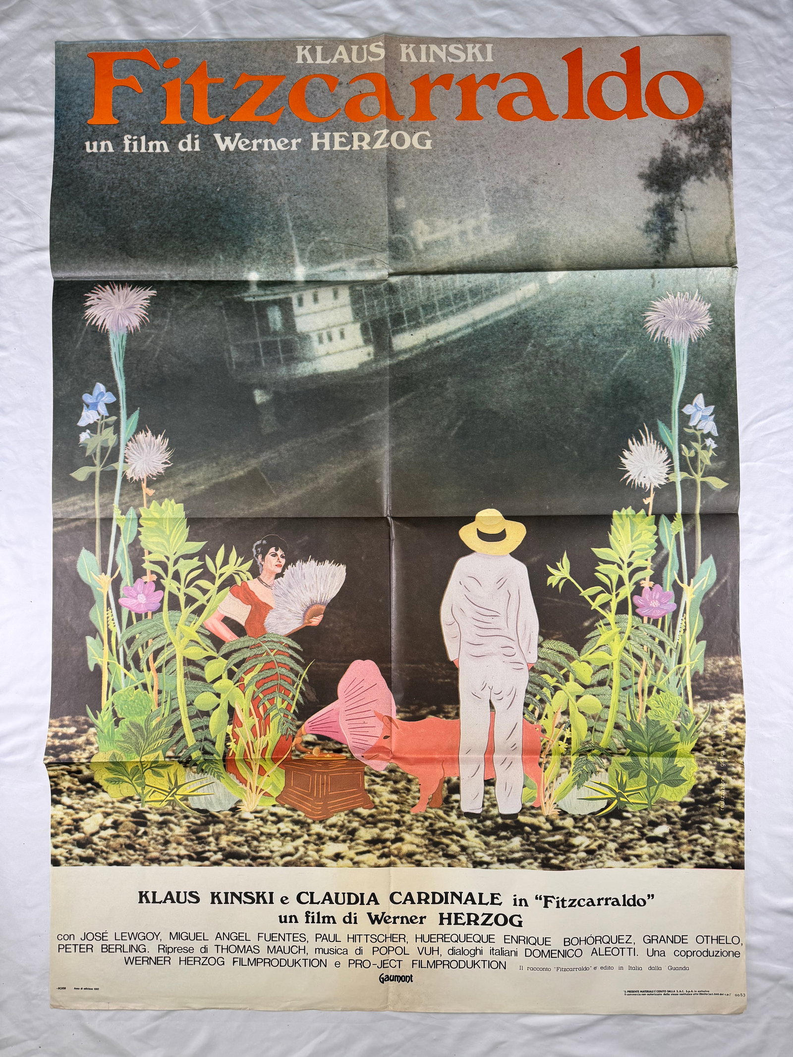 Fitzcarraldo (1982) Original Italian 2 Fogli Movie Poster 39"x55": Original Italian two-sheet (2 Fogli) movie poster for Fitzcarraldo, released in 1982 and directed by Werner Herzog. The film stars Klaus Kinski and Claudia Cardinale; offset lithograph poster, folded 
