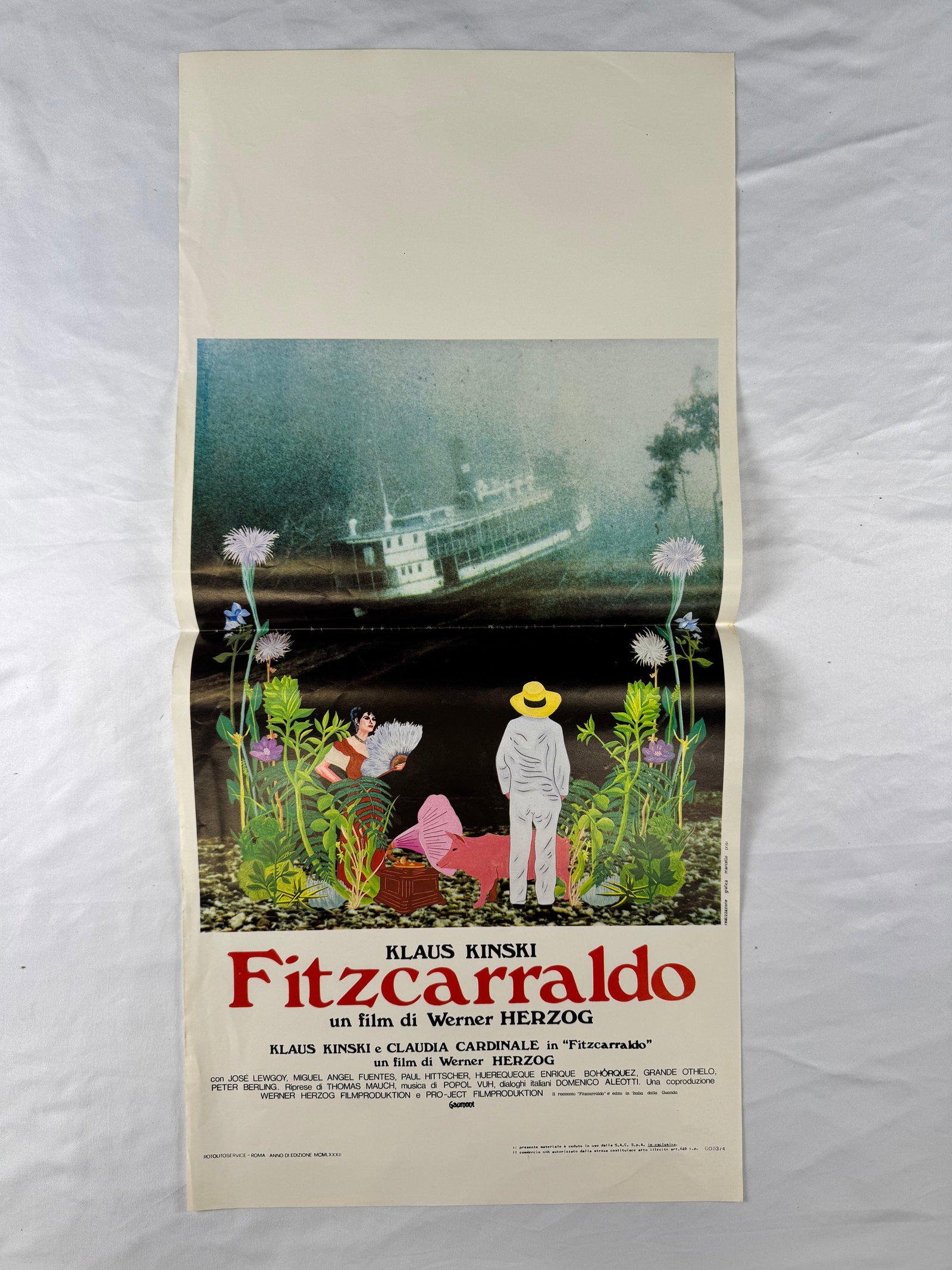 Fitzcarraldo (1982) Original Italian Locandina Movie Poster 13"x27.5": Original Italian locandina movie poster for Fitzcarraldo, released in 1982 and directed by Werner Herzog. The film stars Klaus Kinski and Claudia Cardinale; offset lithograph poster, folded as issued,