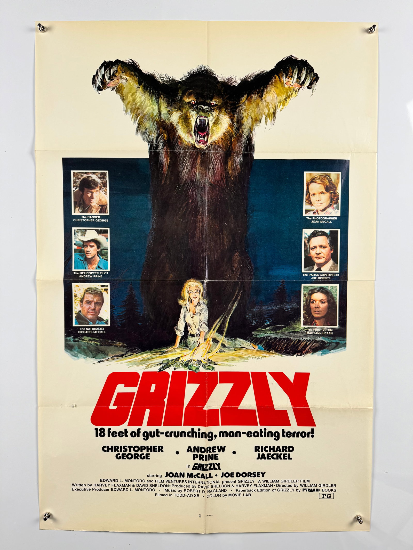 Grizzly 1976 Original US One Sheet Movie Poster Christopher George William Girdler Horror: Grizzly is a 1976 American thriller film directed by William Girdler about a man-eating grizzly bear that terrorizes a National Park. Starring Christopher George, Andrew Prine, and Richard Jaeckel, th