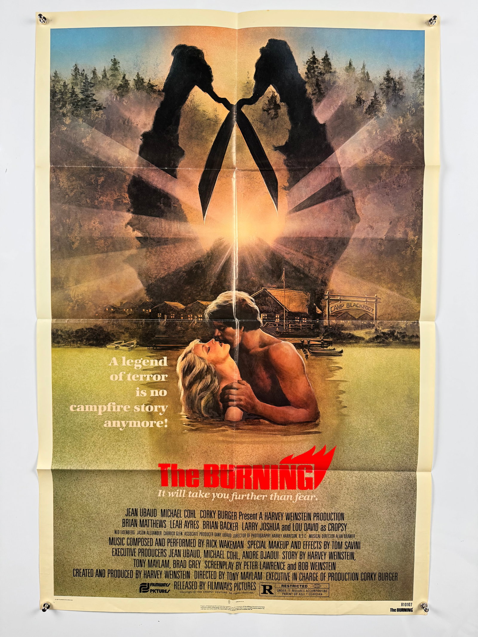 The Burning 1981 Original US One Sheet Movie Poster Tom Savini Cropsy Slasher Horror Film: The Burning is a 1981 slasher film directed by Tony Maylam and written by Peter Lawrence and Bob Weinstein. Featuring early film appearances by Brian Matthews, Jason Alexander, and Fisher Stevens, the