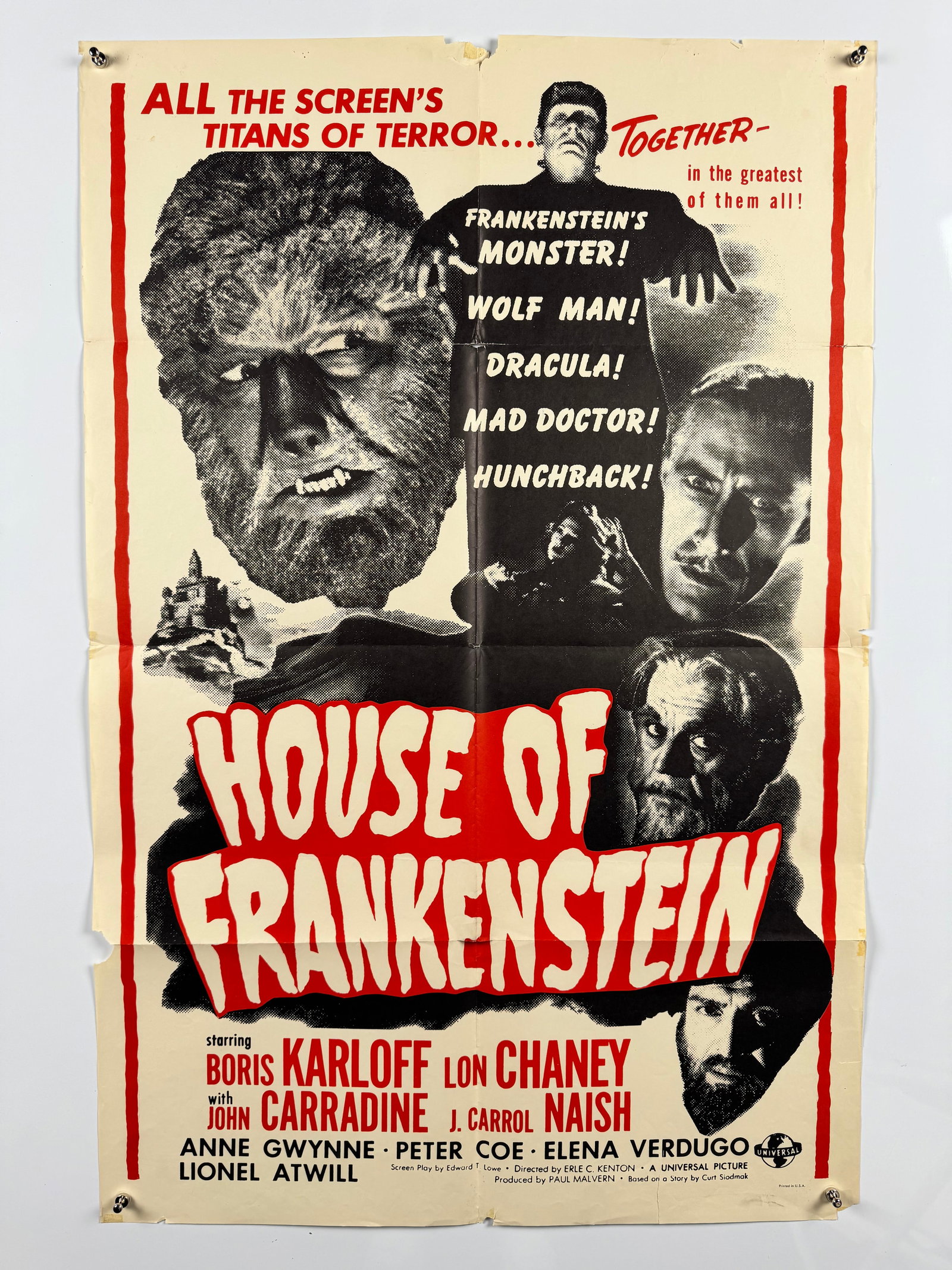 House of Frankenstein 1960s US Military Rerelease One Sheet Movie Poster Boris Karloff Universal: House of Frankenstein is a 1944 American horror film directed by Erle C. Kenton and produced by Universal Pictures starring Boris Karloff and Lon Chaney Jr. Military one-sheets were printed at the sam