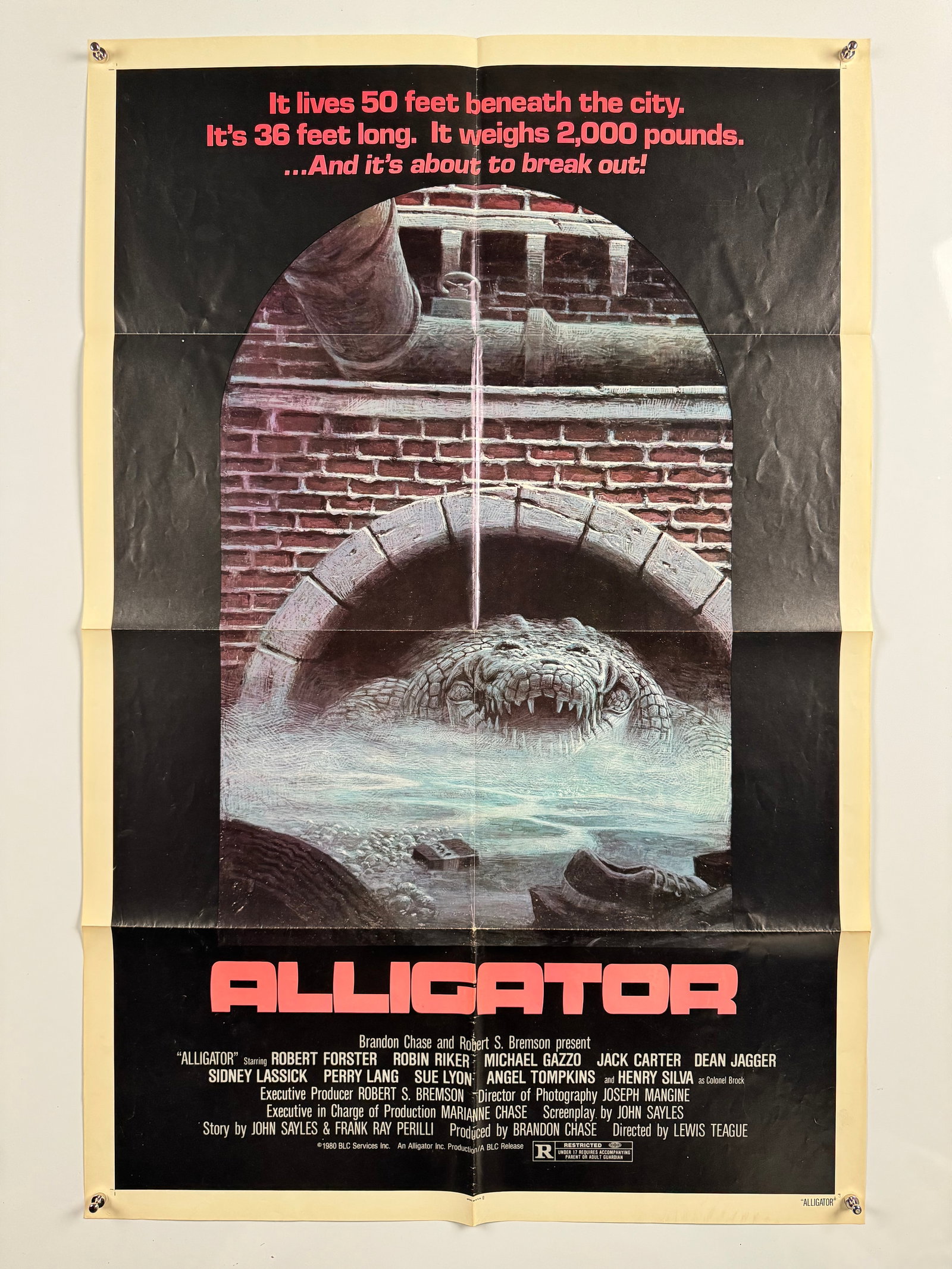 Alligator 1980 Original US One Sheet Movie Poster Robert Forster John Sayles Lewis Teague Horror: Alligator is a 1980 American independent horror film directed by Lewis Teague and written by John Sayles. Starring Robert Forster and Robin Riker, the creature feature follows a giant, mutated alligat